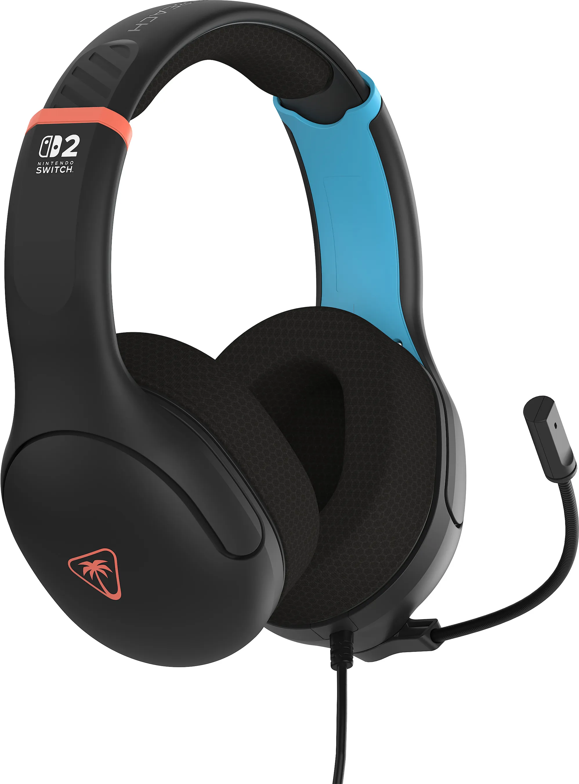 Schwarzes und blaues Gaming-Headset für Nintendo Switch. Es hat ein Mikrofon und ein Kabel. Die Ohrmuscheln sind schwarz.