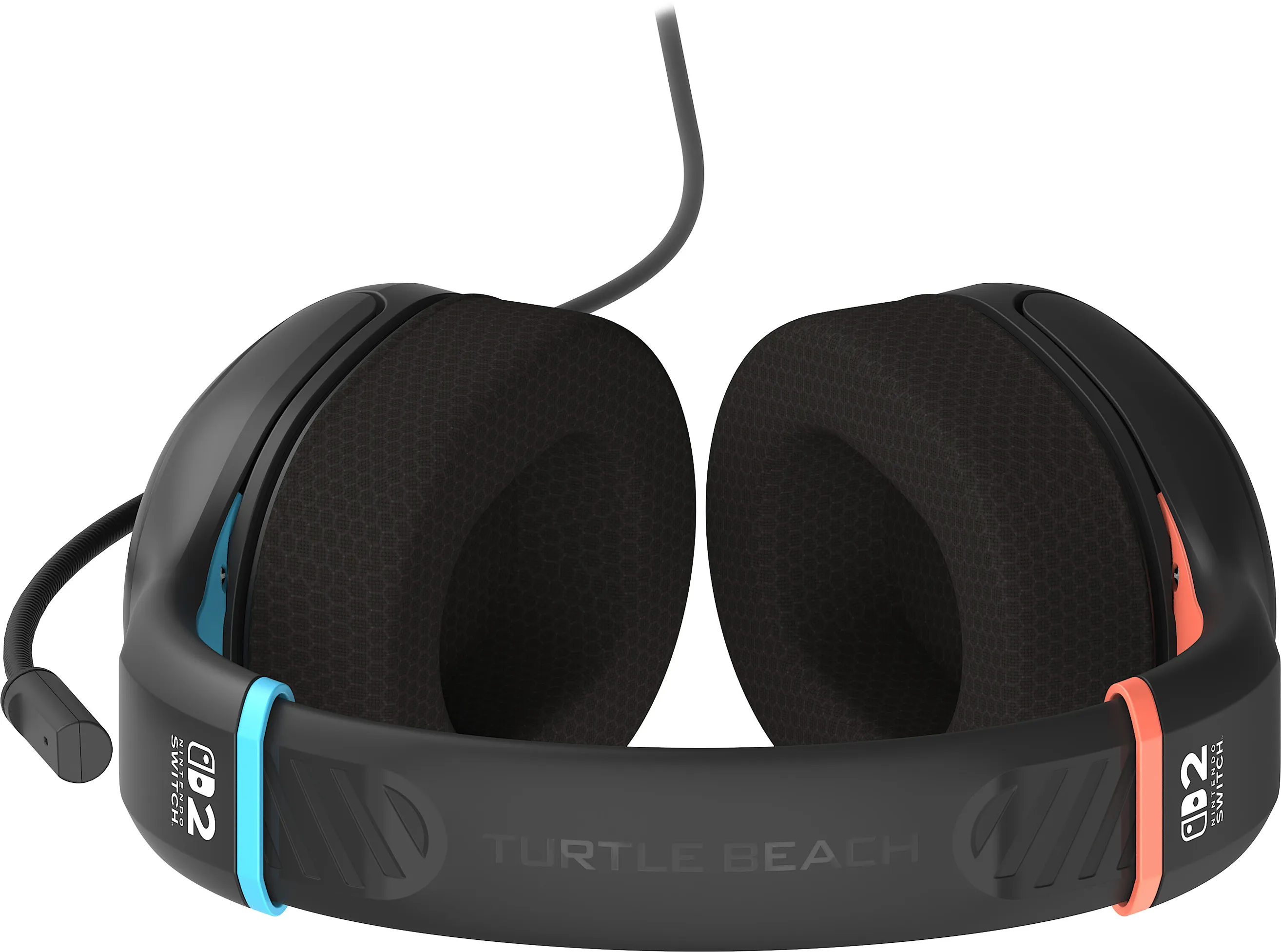 Schwarzes Turtle Beach Headset für Nintendo Switch. Blaue und orangefarbene Akzente. Inklusive Mikrofon und gepolsterten Ohrmuscheln.