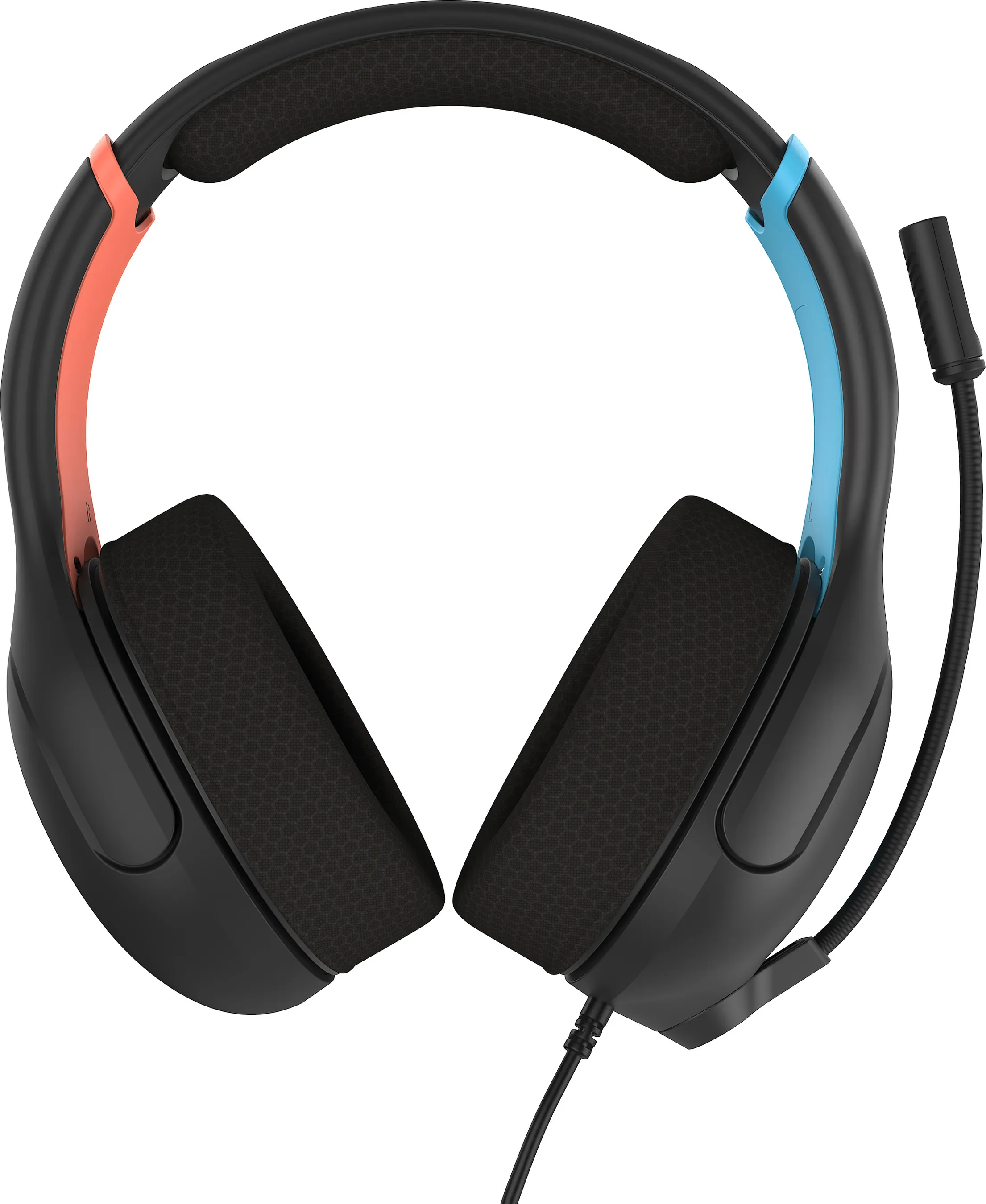 Schwarzes Gaming-Headset mit orangefarbenen und blauen Akzenten. Enthält ein Mikrofon und ein Kabel. Die Ohrmuscheln sind groß und gepolstert.
