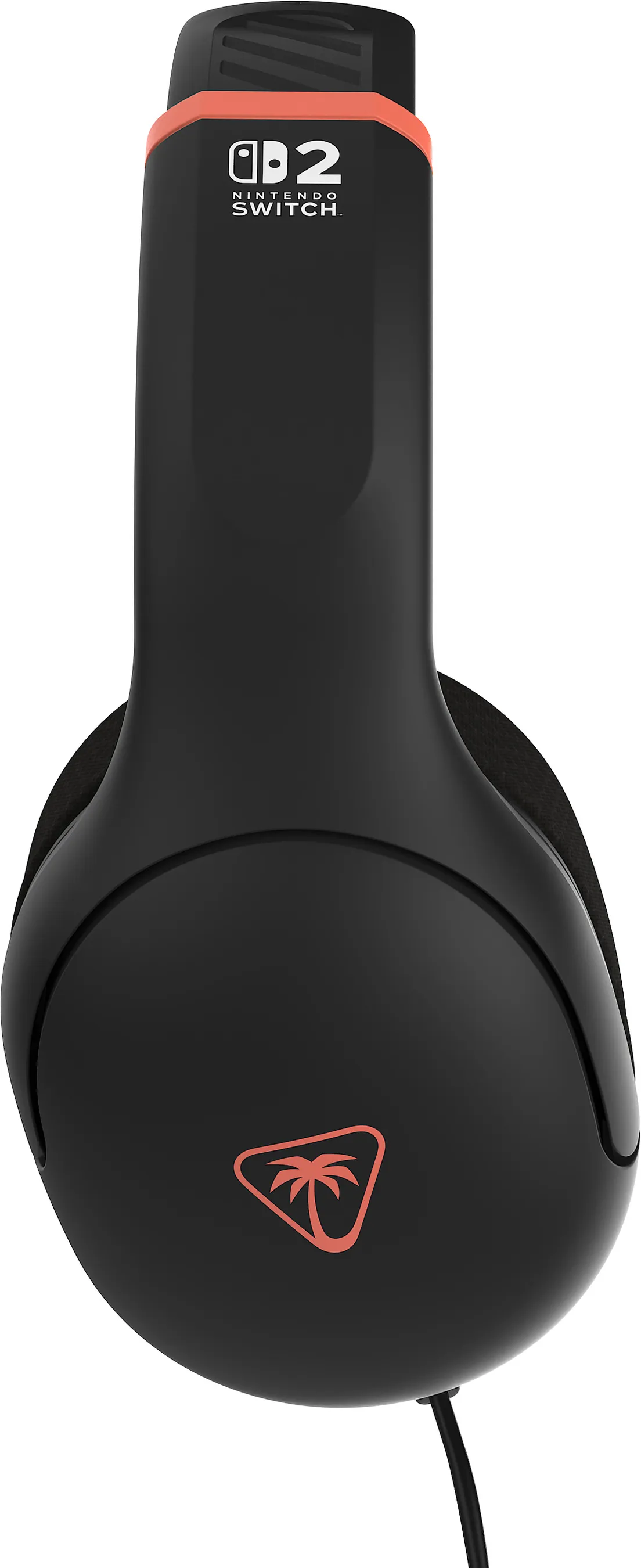 Schwarzes Gaming-Headset mit orangefarbenen Akzenten, Nintendo Switch-Logo und Palmen-Logo. Am unteren Rand ist ein schwarzes Kabel zu sehen.