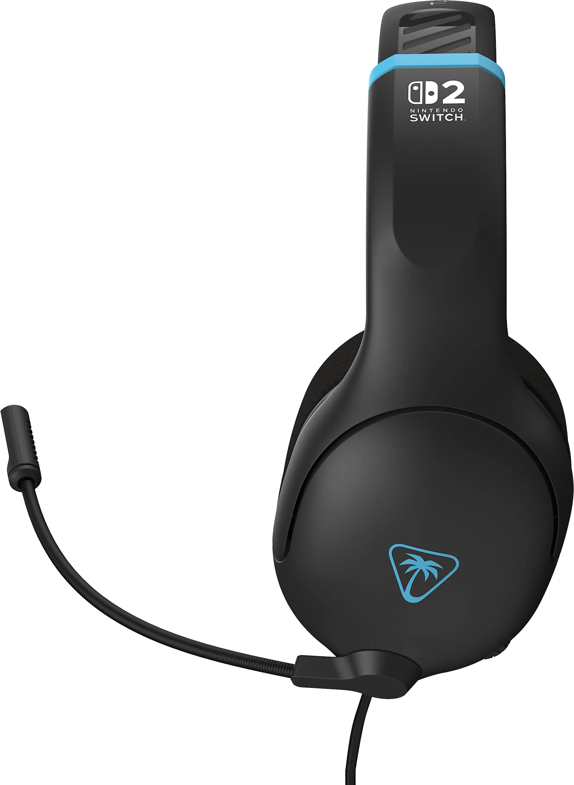 Schwarzes Gaming-Headset mit blauen Akzenten und Mikrofon. Es hat ein Nintendo Switch-Logo und ein Palmenlogo.