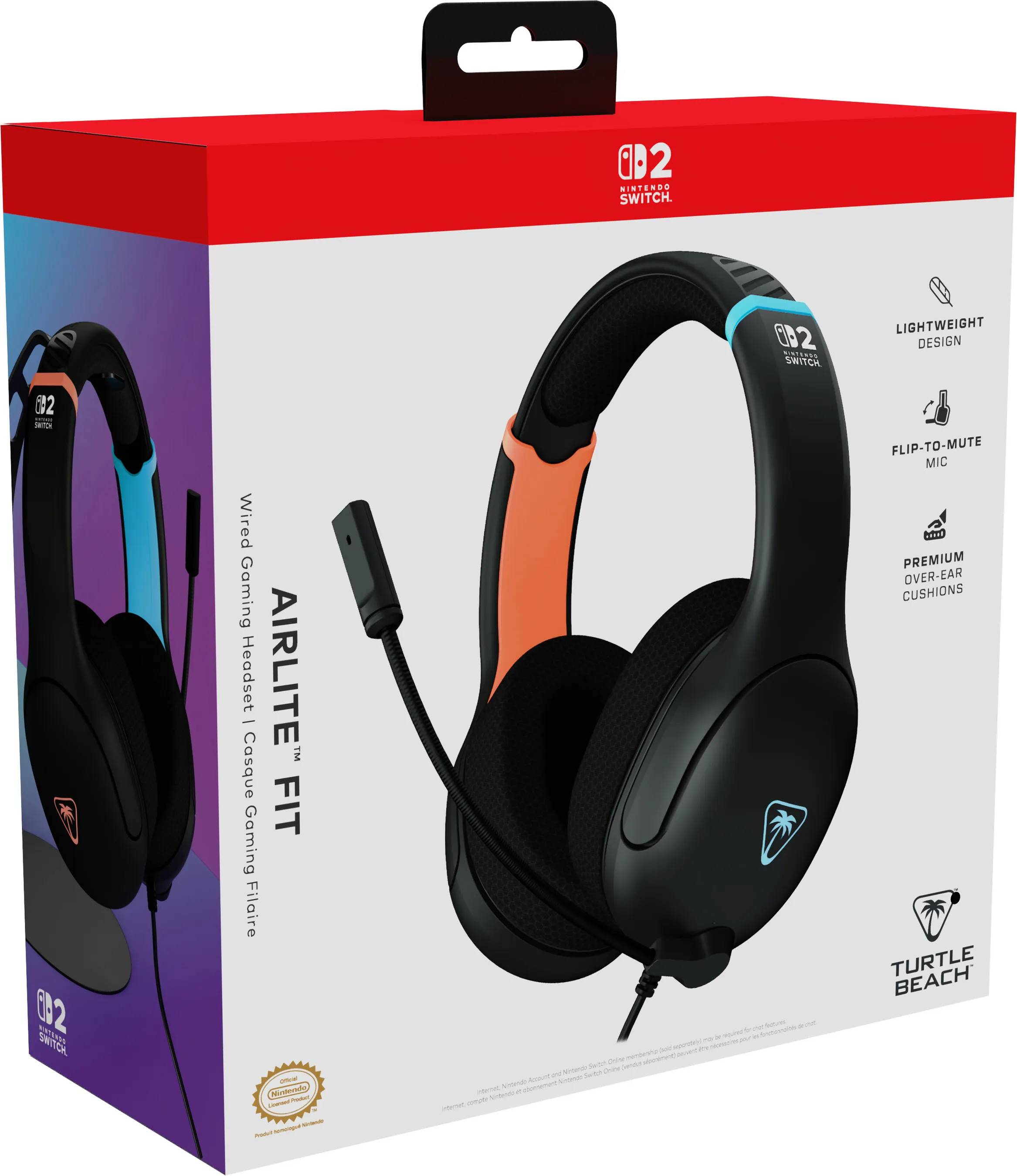 Verpacktes schwarzes Gaming-Headset. Zu den Merkmalen gehören ein Mikrofon, Ohrpolster und das Nintendo Switch-Logo.