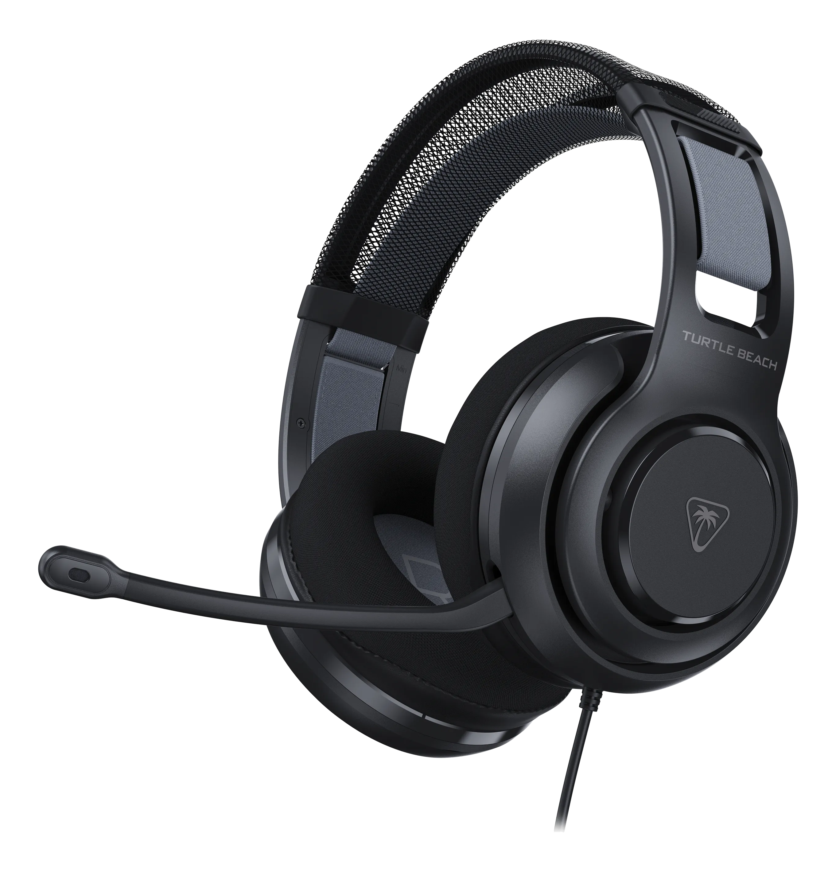 Casque de jeu Turtle Beach noir. Il possède un microphone, des oreillettes et un bandeau rembourré. Le fond est noir.