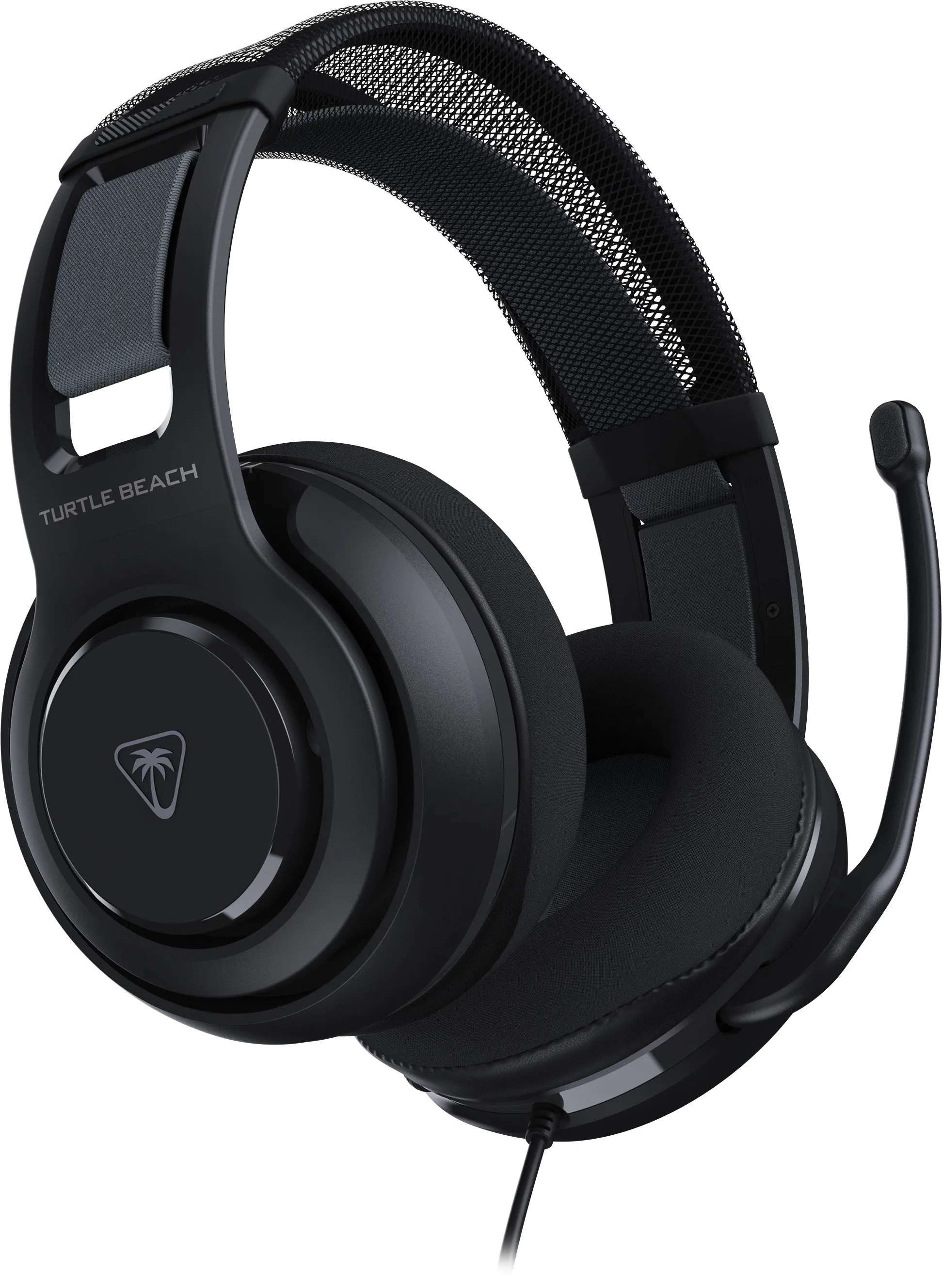 Casque de jeu Turtle Beach noir. Comprend un microphone et un bandeau en maille. Les oreillettes sont rembourrées.