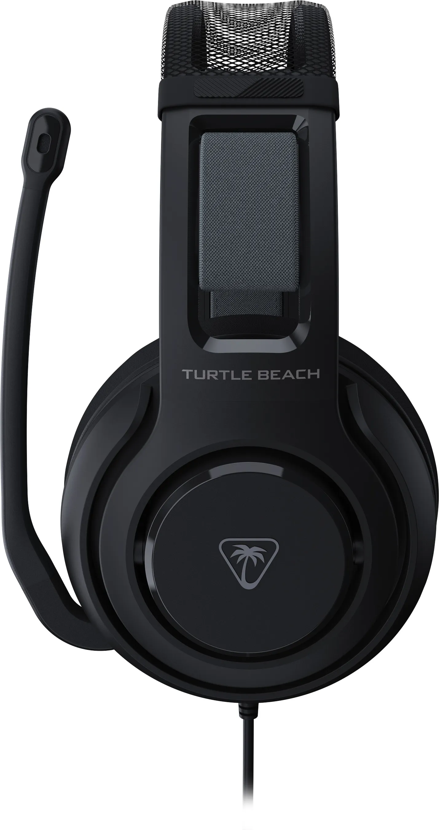 Casque Turtle Beach noir avec microphone. Le casque a un dessus en mesh et un logo palmier sur l'écouteur.