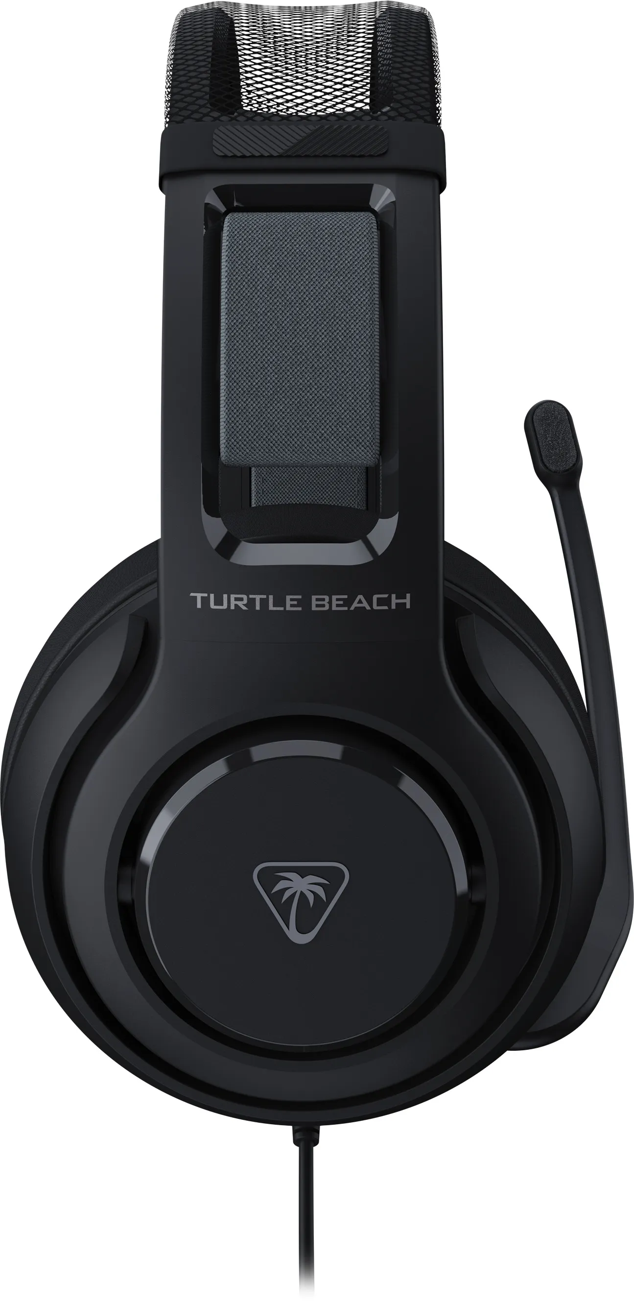 Casque de jeu Turtle Beach noir. Comprend un microphone et des écouteurs. Le logo est un palmier dans un triangle.