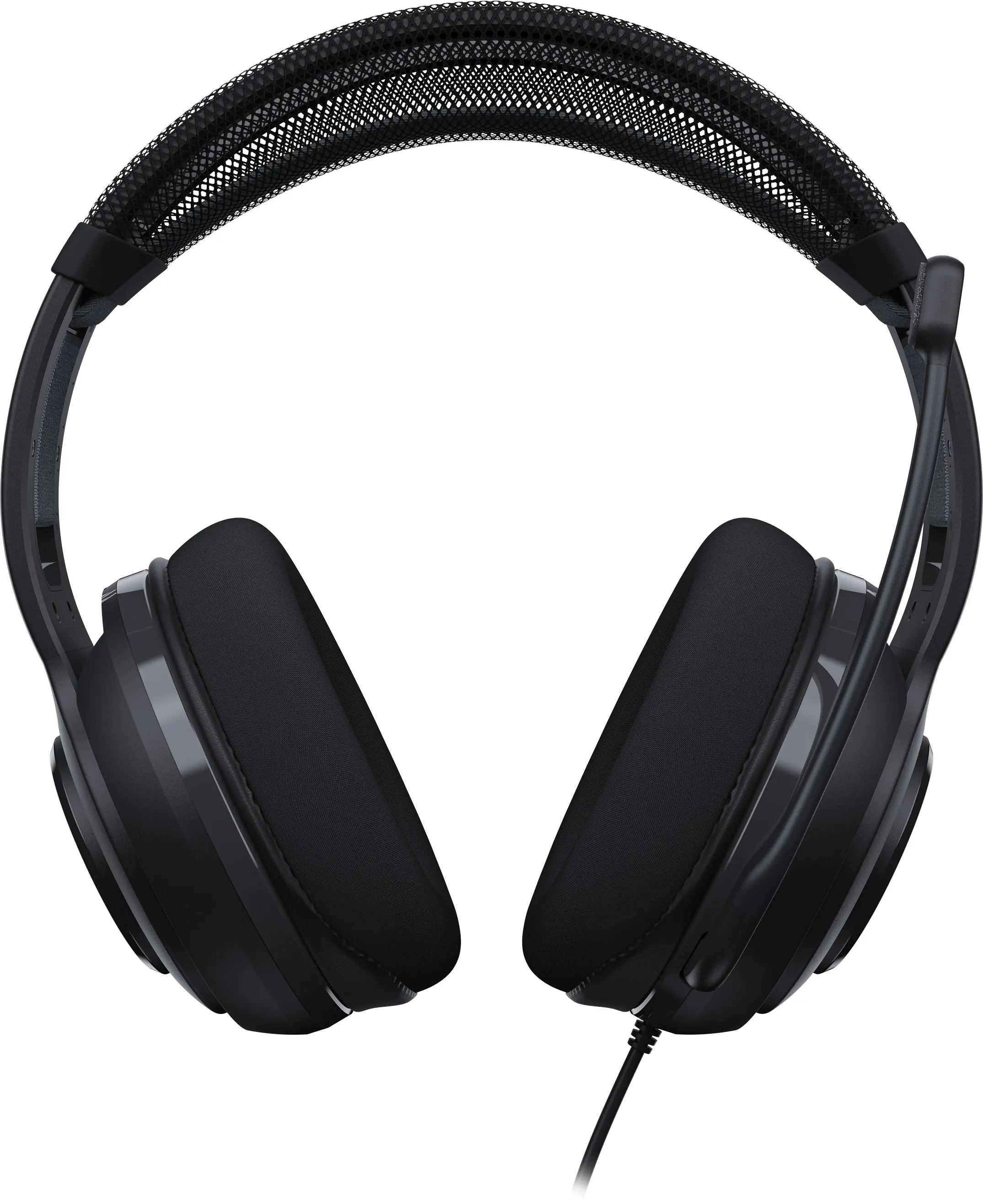 Casque noir avec bandeau en maille et coussinets d'oreille souples. Un câble part de l'écouteur droit. Le fond est blanc.