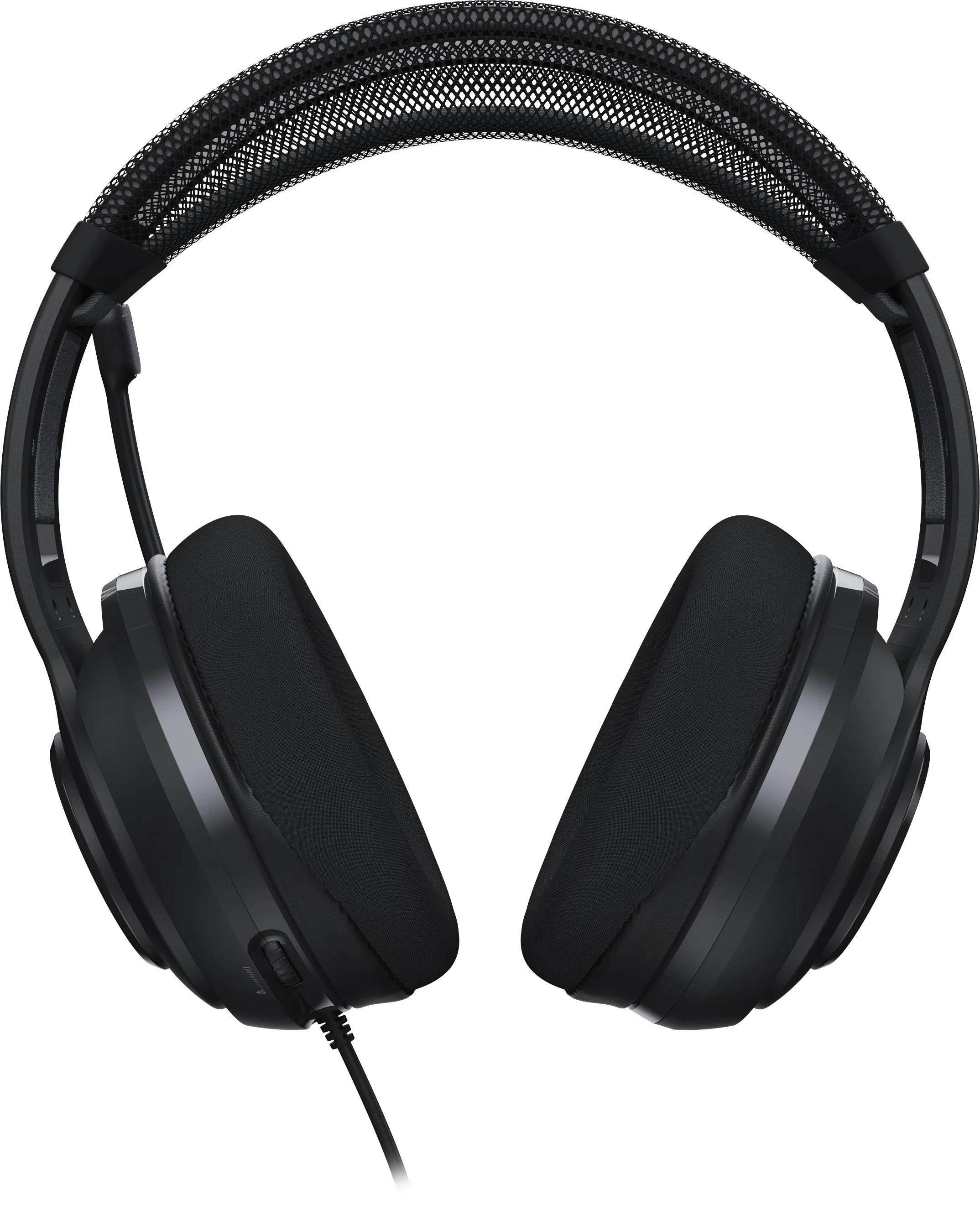 Casque noir avec bandeau en mesh et coussinets d'oreille souples. Un câble pend de l'écouteur gauche.