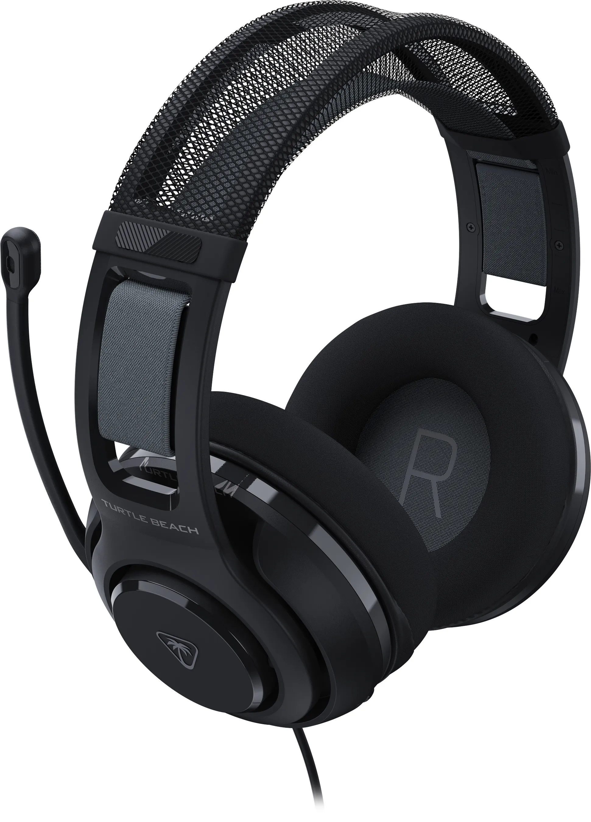 Casque de jeu Turtle Beach noir avec bandeau en mesh, oreillettes et micro flexible. Rembourrage gris.