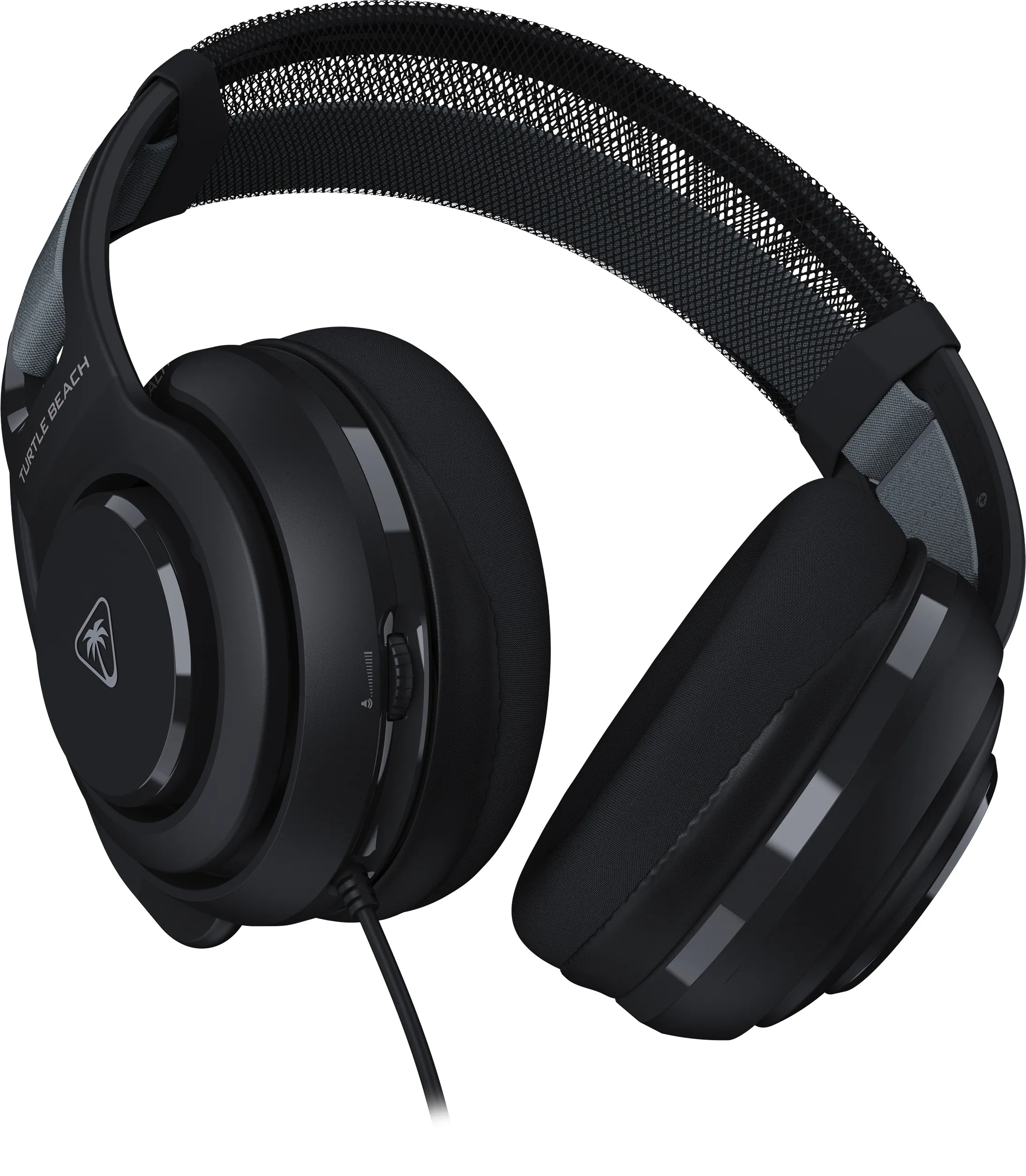 Casque de jeu Turtle Beach noir. Oreillettes et arceau rembourrés. Maille sur le dessus de l'arceau. Contrôle du volume sur l'écouteur.