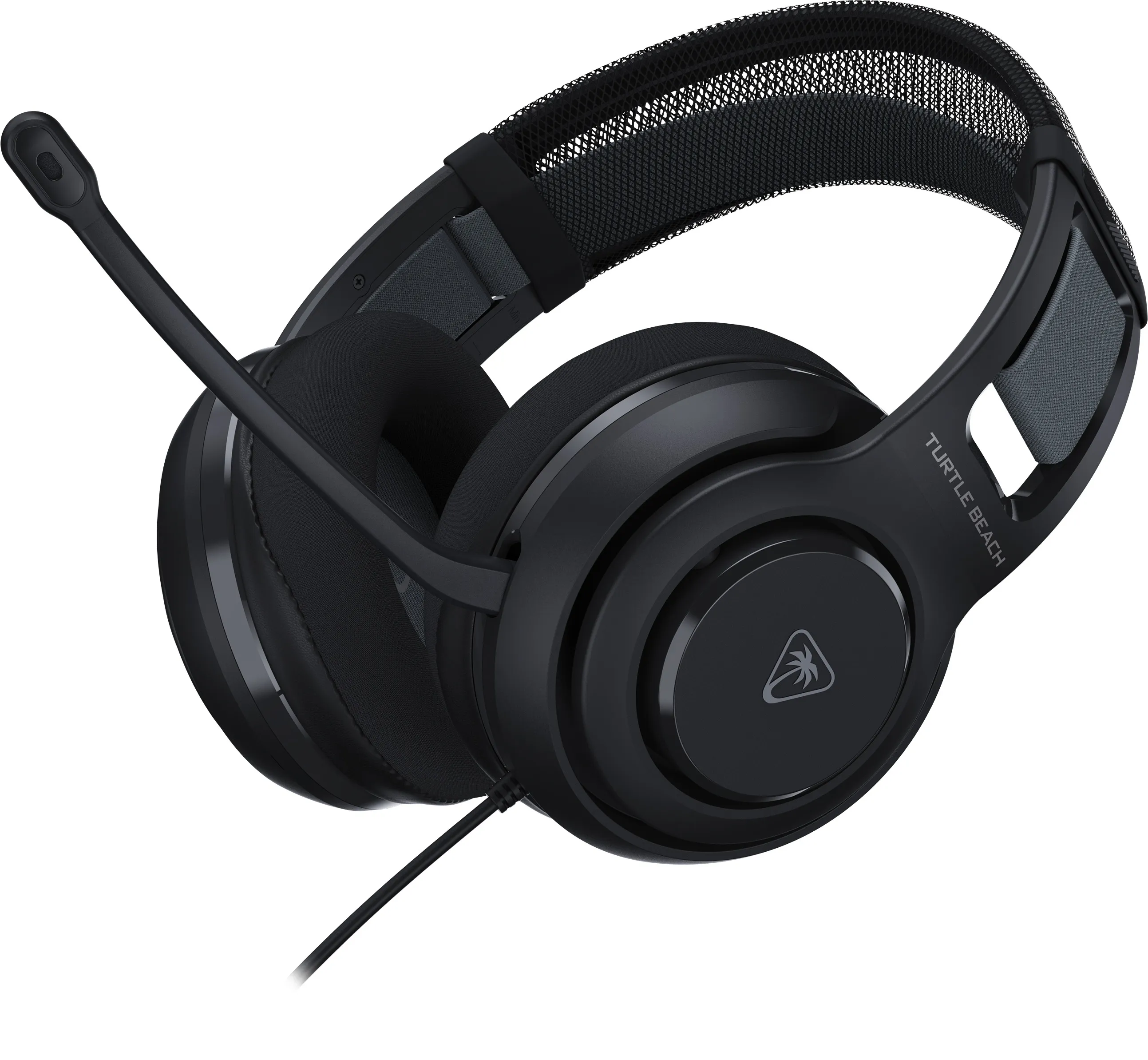 Casque de jeu Turtle Beach noir. Il a un microphone, des écouteurs et un bandeau. Le fond est blanc.