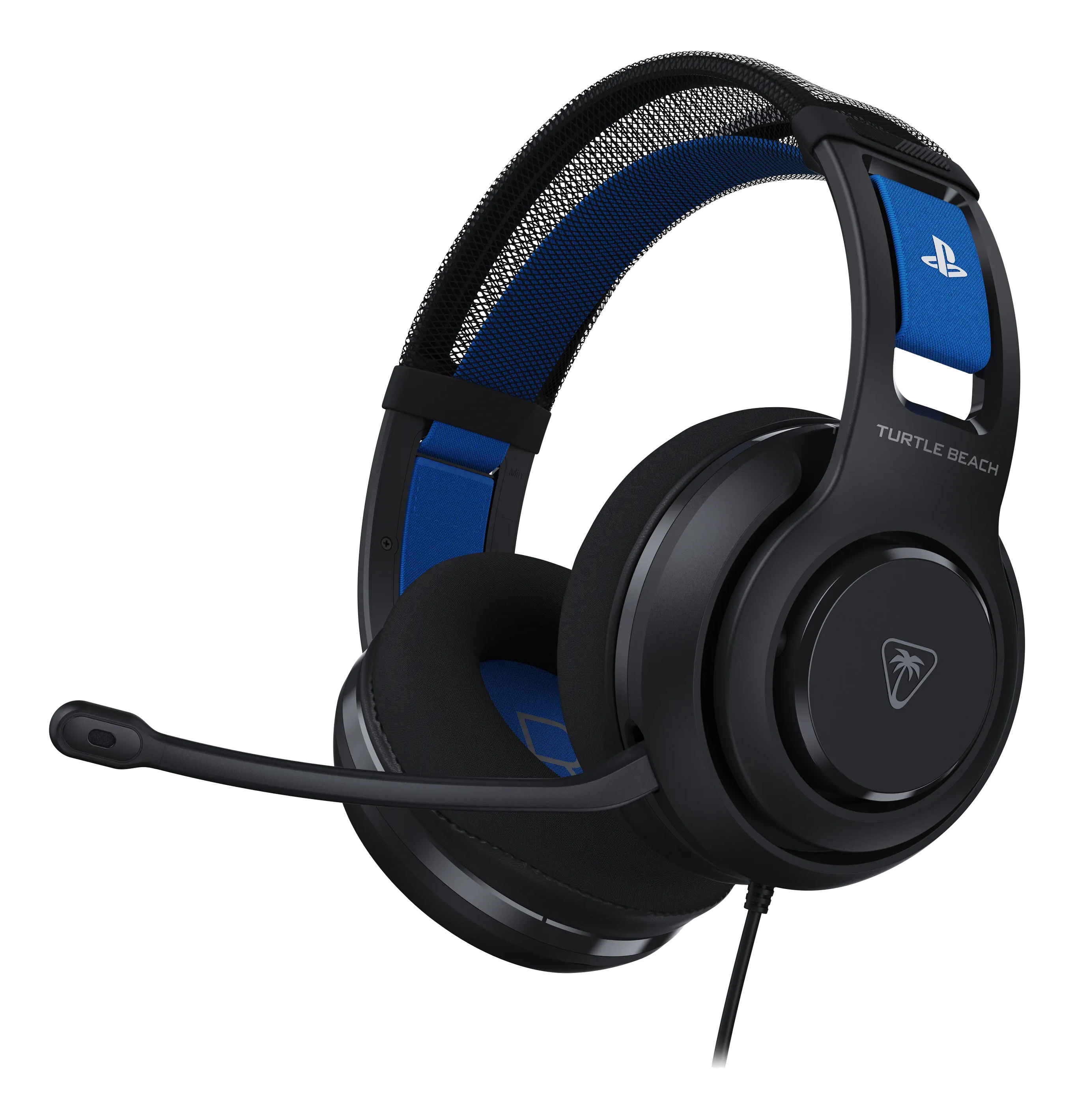 Casque de jeu noir avec des touches de bleu. Dispose d'un microphone et du logo PlayStation.