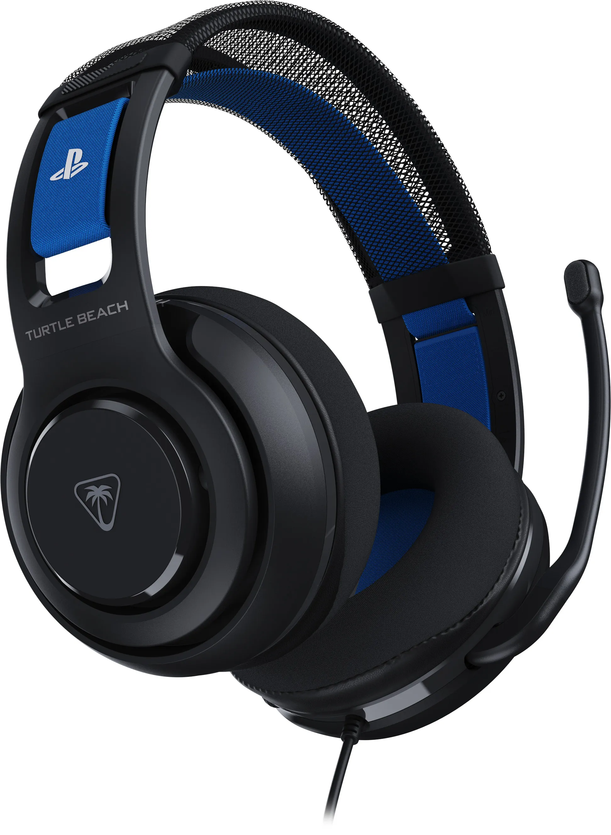 Casque de jeu noir et bleu avec microphone. Logo PlayStation et marque Turtle Beach.