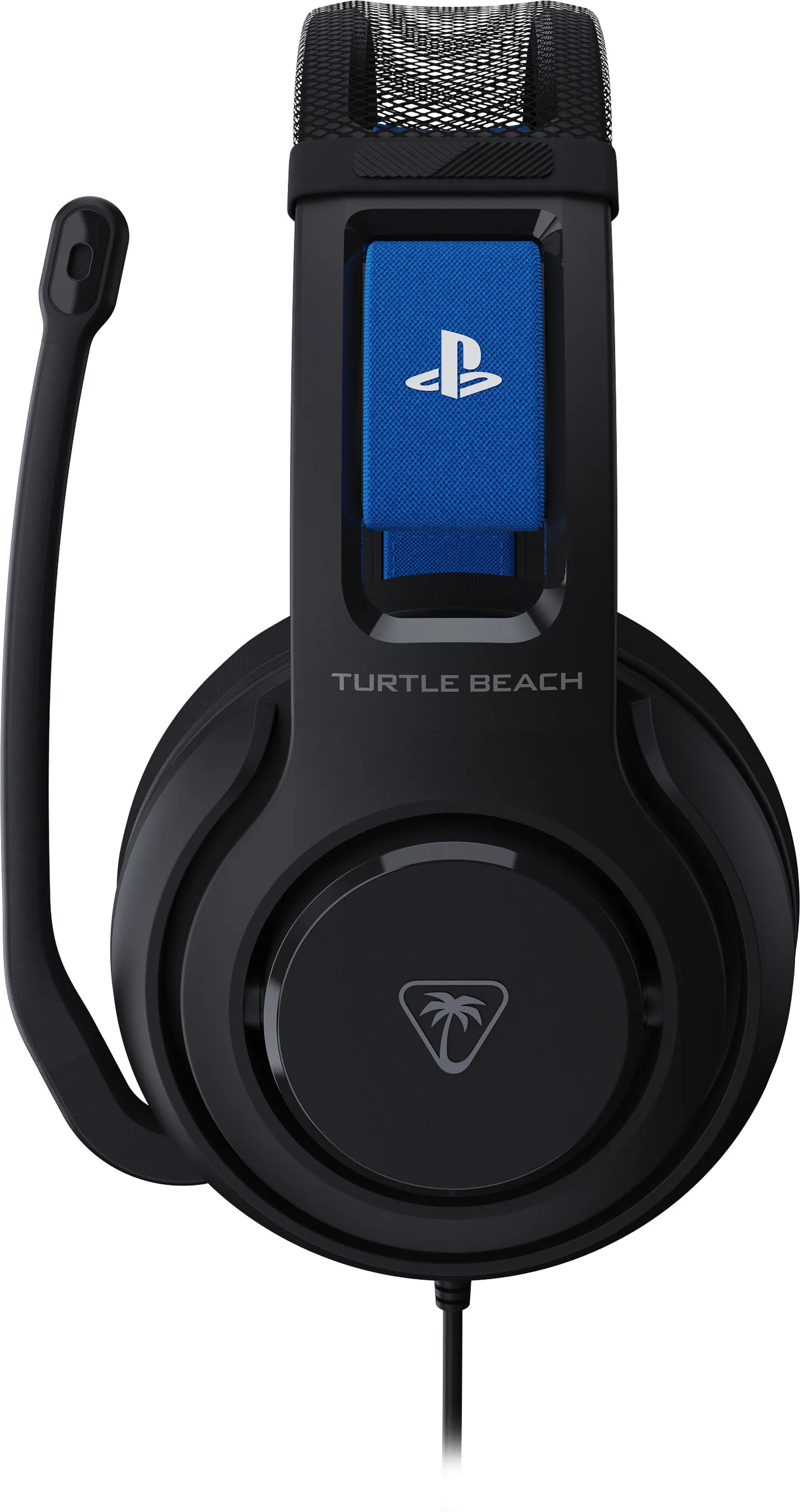 Casque noir avec micro incurvé. Il possède une bande bleue avec le logo PlayStation. Le logo Turtle Beach est visible.
