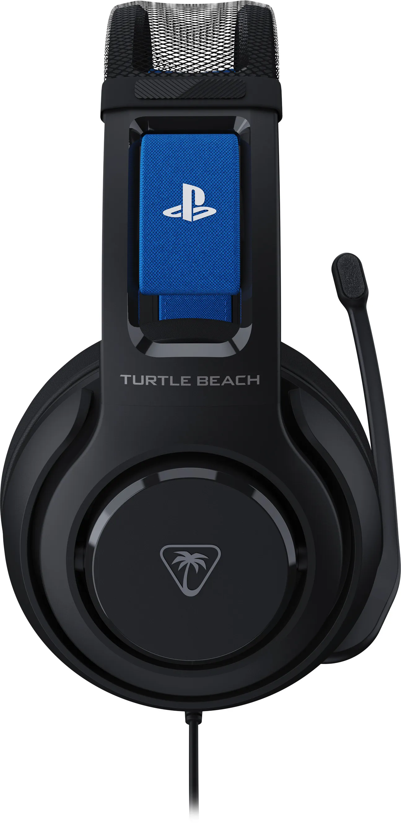 Casque Turtle Beach noir avec un accent bleu, logo PlayStation et microphone attaché.