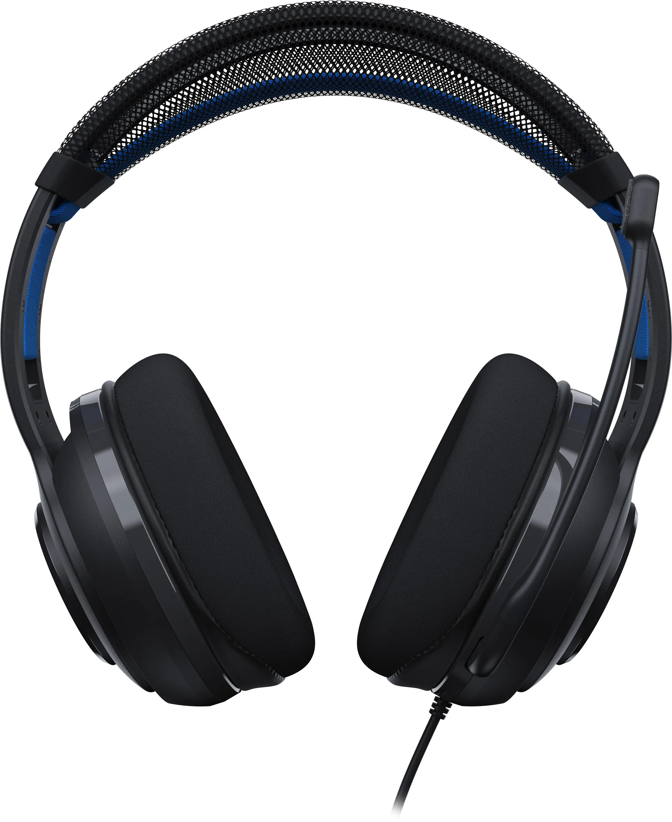 Casque noir avec des accents bleus, bandeau en mesh et deux oreillettes. Un câble noir part de l'oreillette droite.