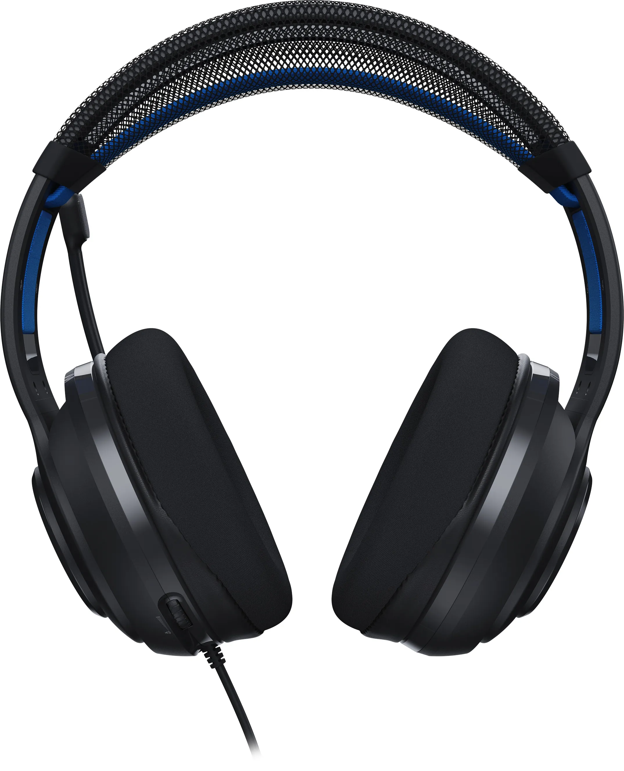 Casque noir avec des accents bleus, bandeau en mesh et oreillettes. Un câble s'étend vers le bas. Fond blanc.