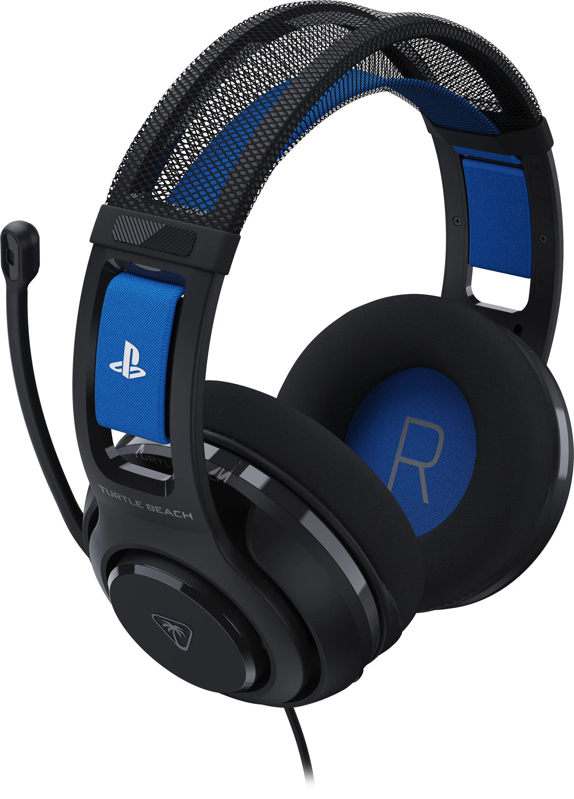 Casque de jeu noir et bleu. Il possède un microphone et les écouteurs ont un R. Le bandeau est en maille.