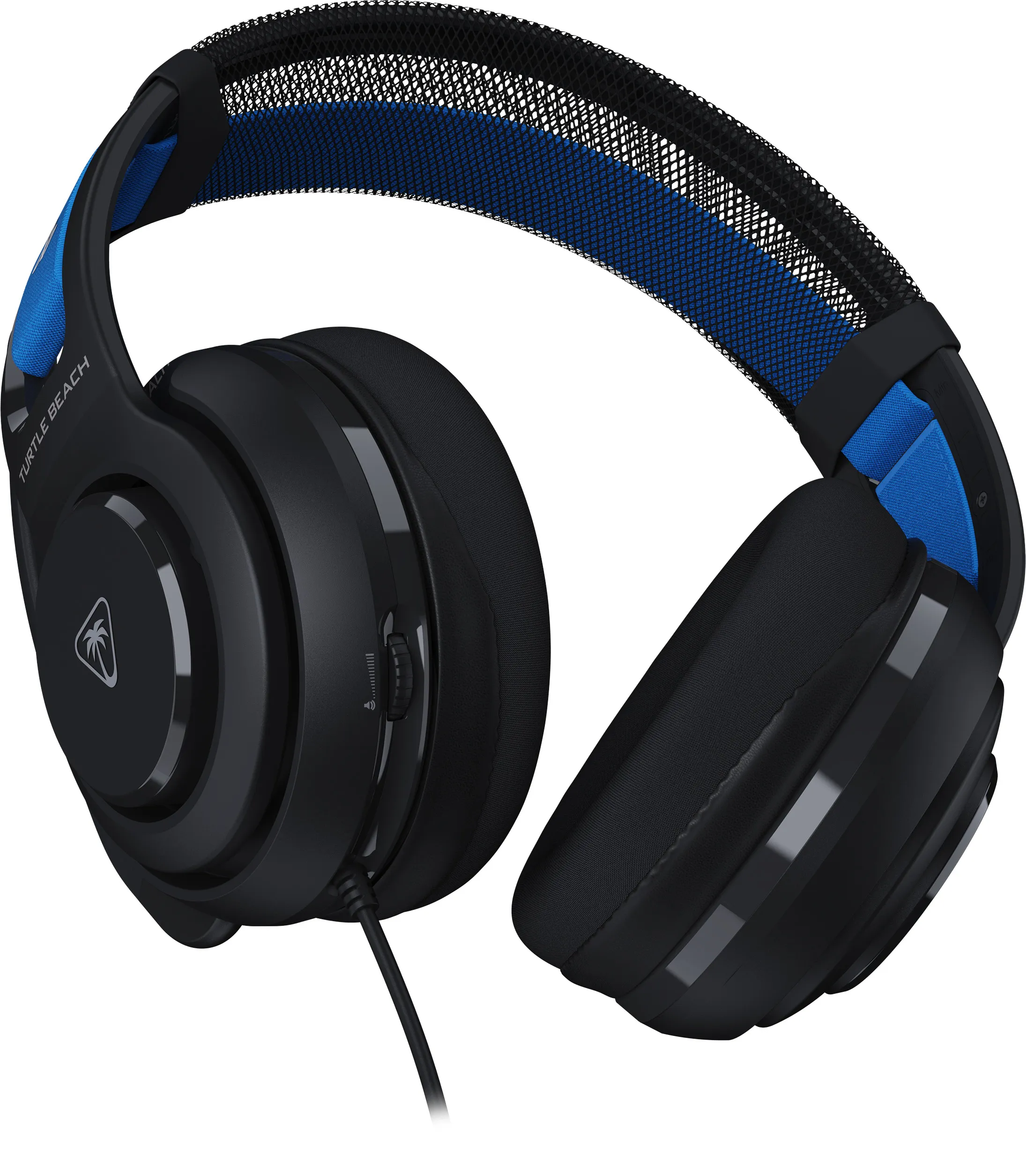 Casque de jeu Turtle Beach noir et bleu. Il a un bandeau en maille et tissu bleu, et des oreillettes souples.
