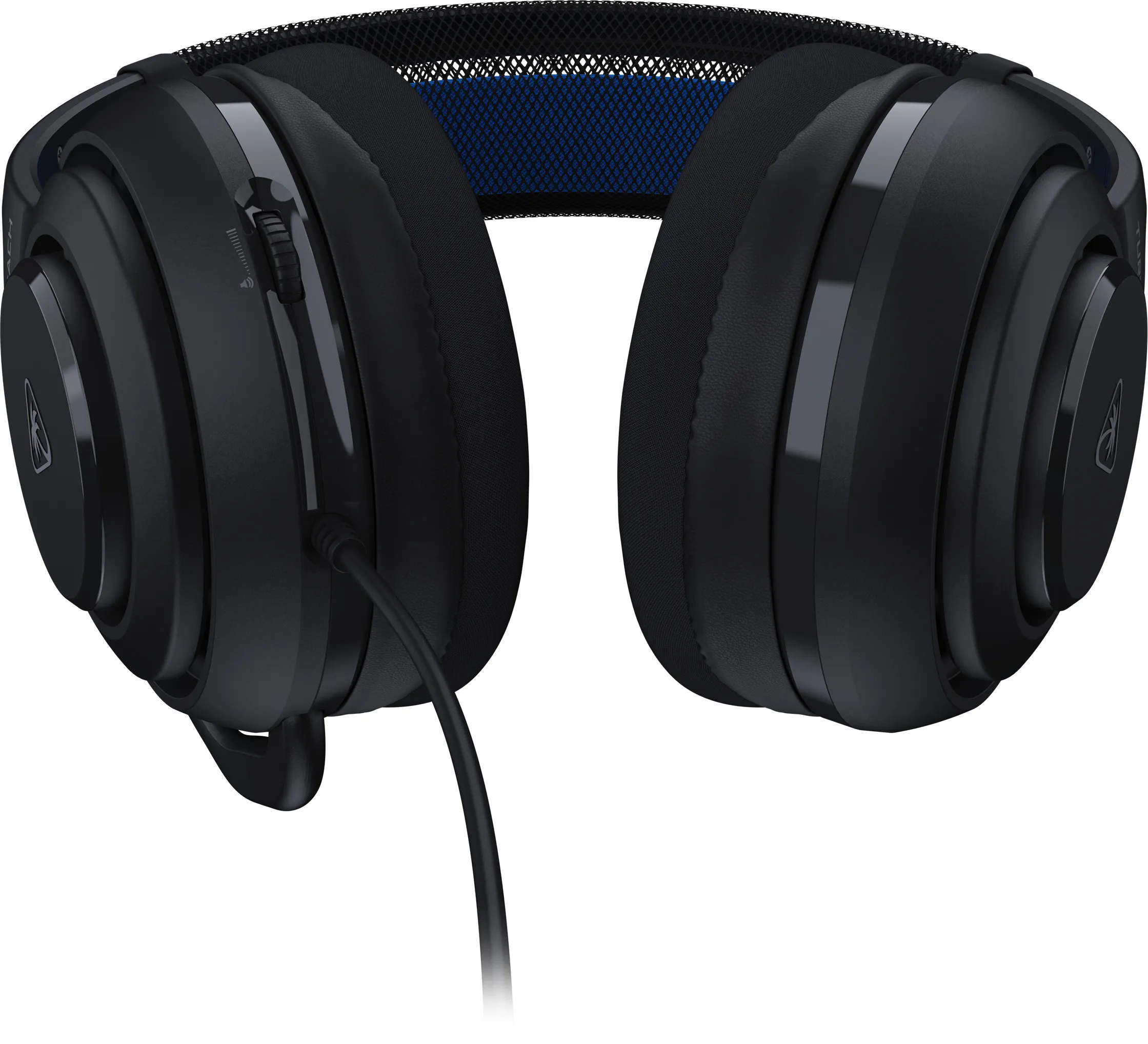 Casque de jeu noir avec bandeau en mesh bleu. Il possède un contrôle du volume et un câble connecté.