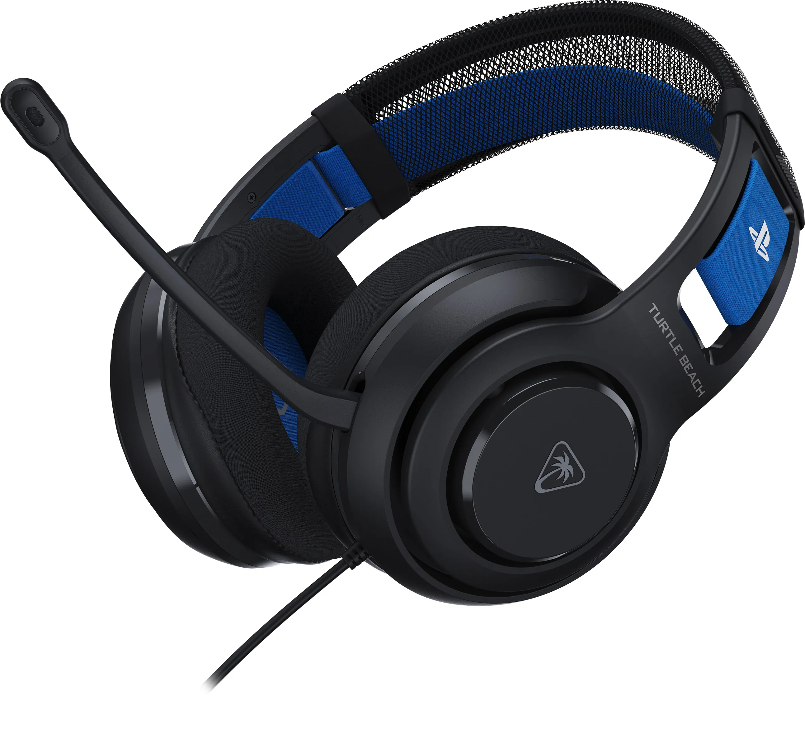 Casque de jeu noir avec des touches de bleu. Comprend un microphone et la marque Turtle Beach.
