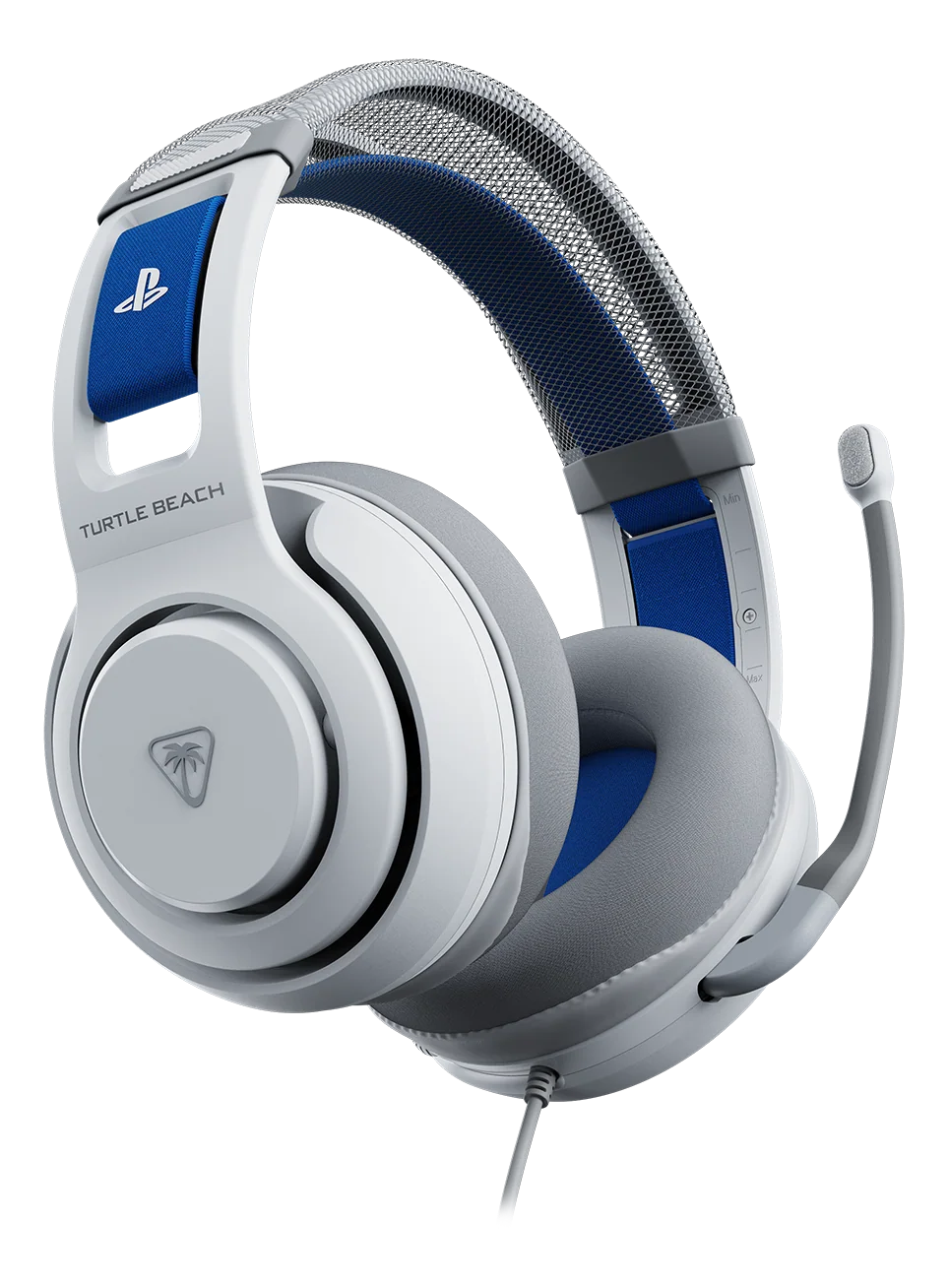 Casque de jeu Turtle Beach blanc et gris avec des touches de bleu. Comprend un microphone, logo PlayStation et arceau en mesh.