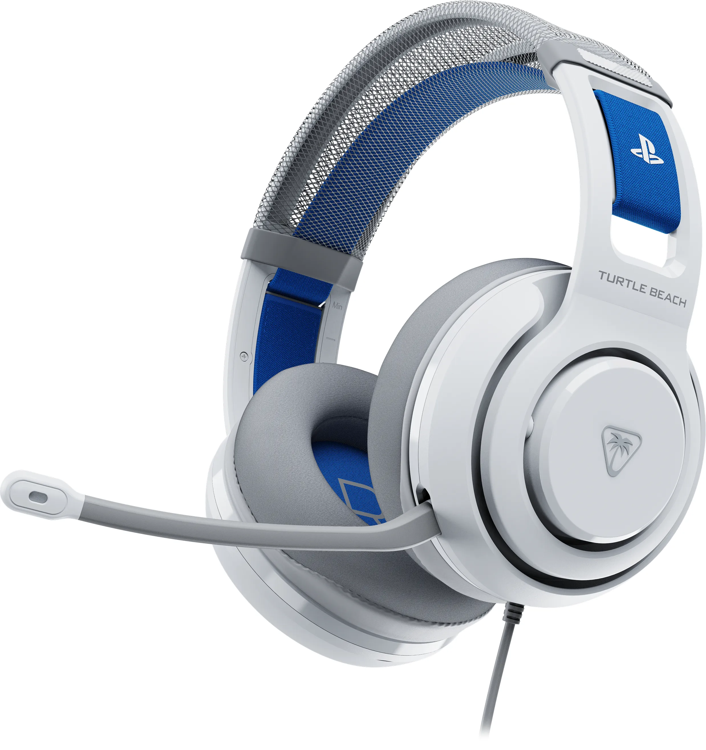 Casque de jeu blanc et bleu. Il a un microphone et la marque Turtle Beach est visible.