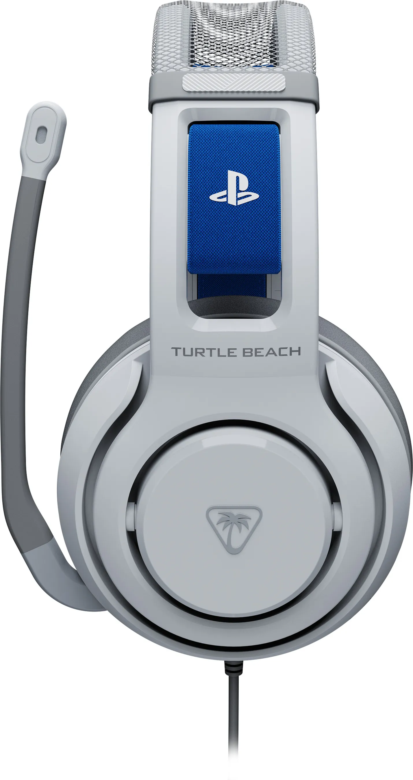 Un casque blanc et gris avec une section bleue et le logo PlayStation. Un microphone part de l'écouteur gauche.
