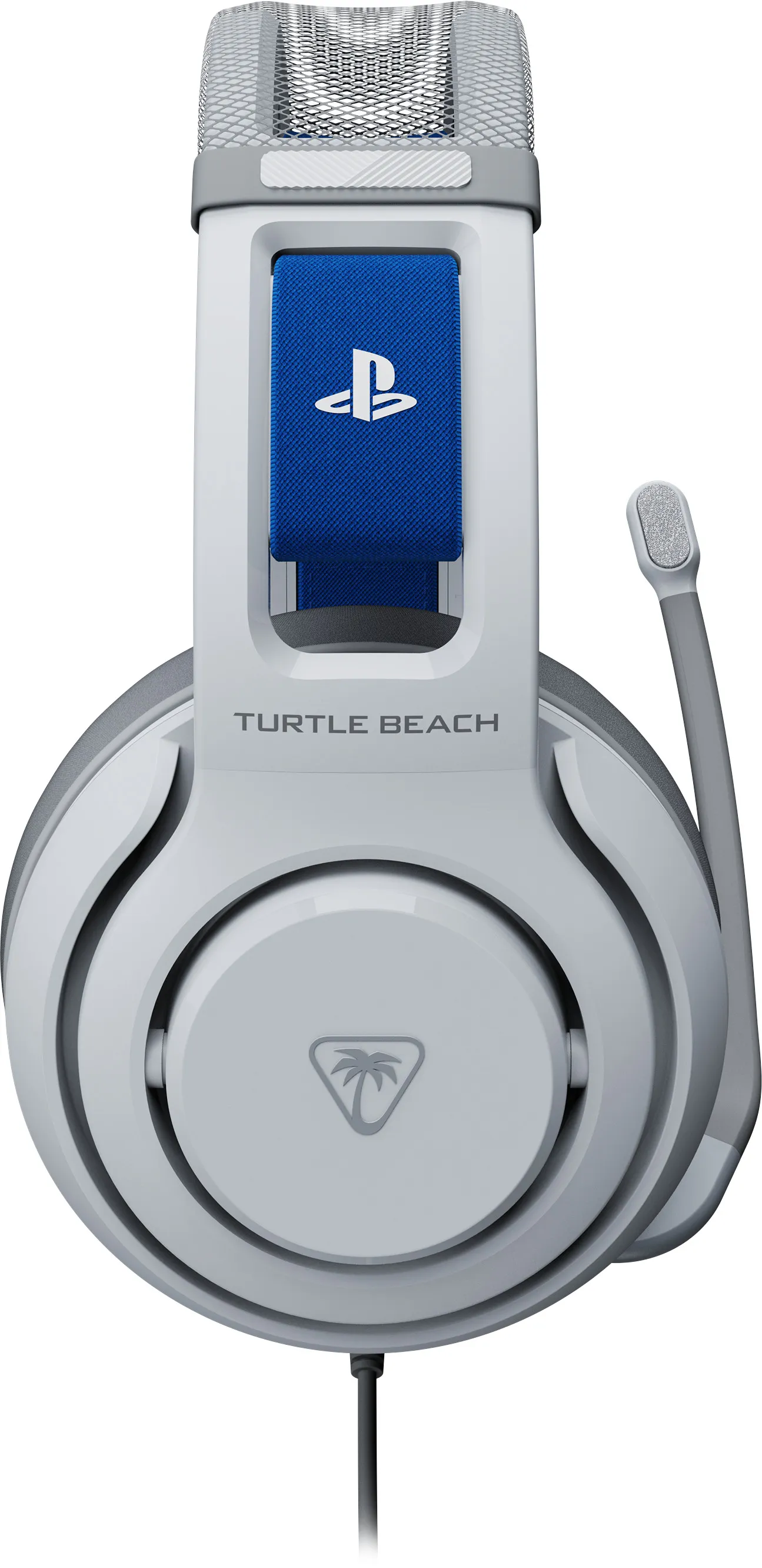 Casque de jeu Turtle Beach blanc et gris avec logo PlayStation bleu sur l'arceau et un microphone.