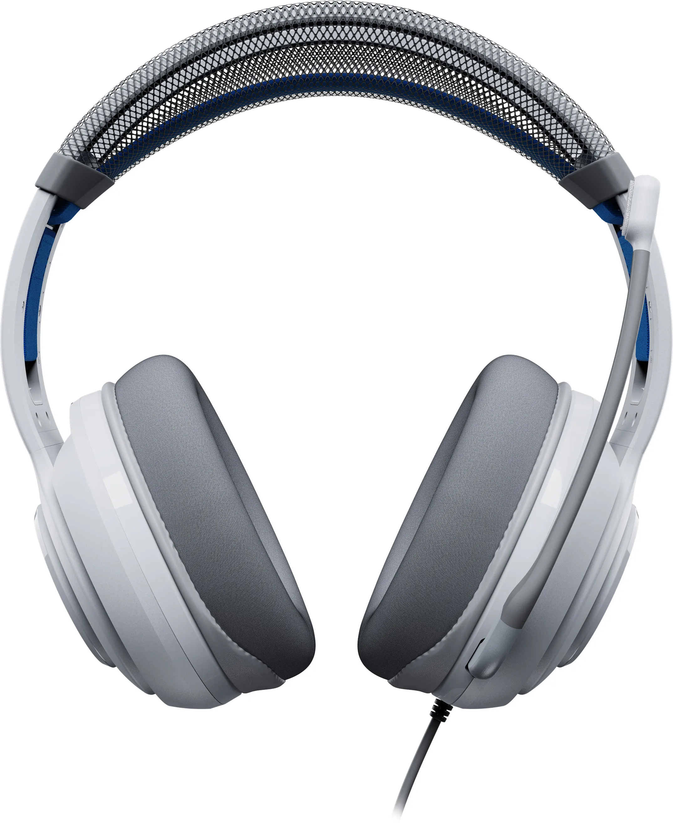 Casque de jeu blanc avec coussinets gris, touches bleues et micro noir. Le bandeau est gris et noir.