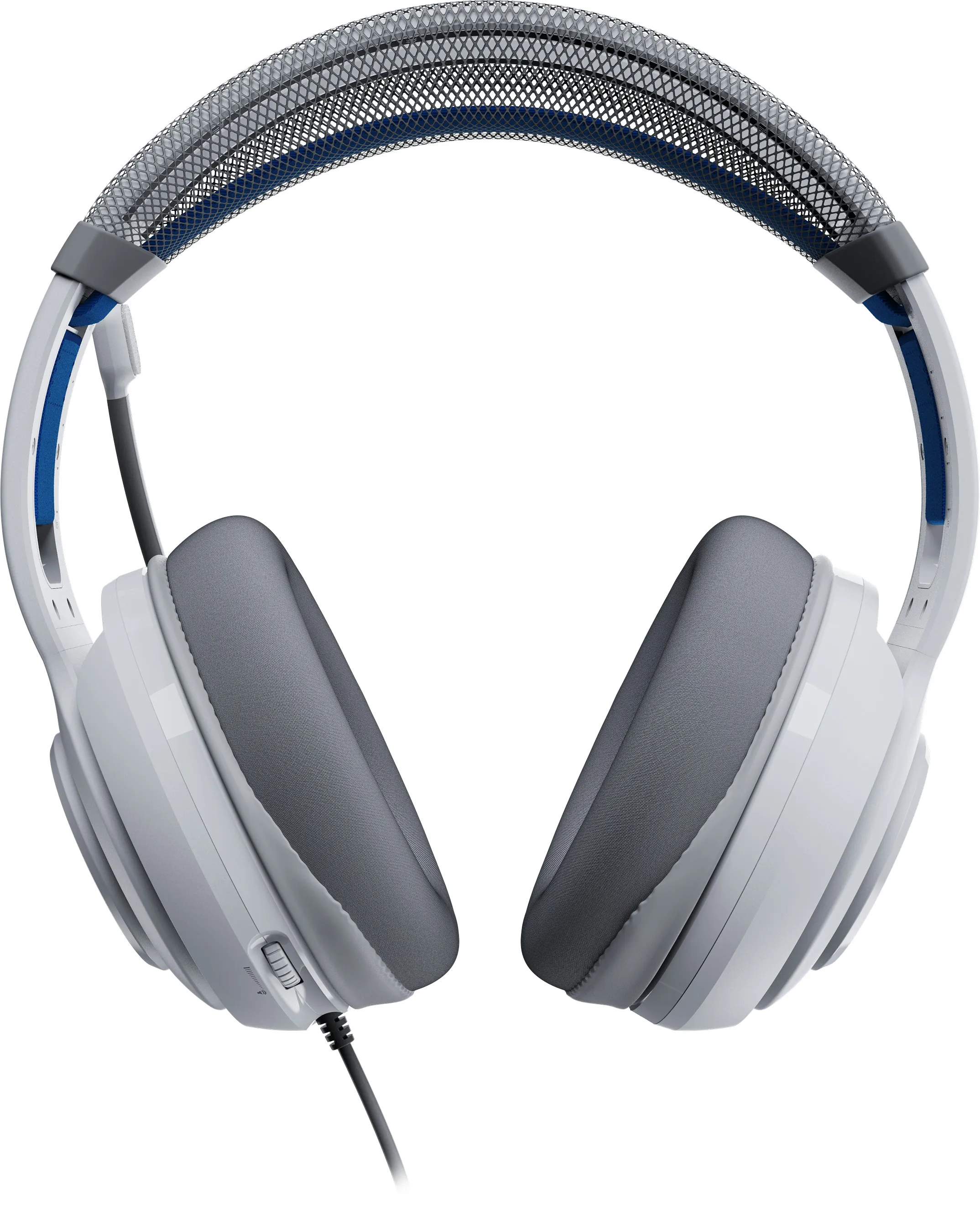 Casque de jeu blanc avec oreillettes grises, accents bleus et bandeau en mesh. Câble noir partant de l'écouteur gauche.