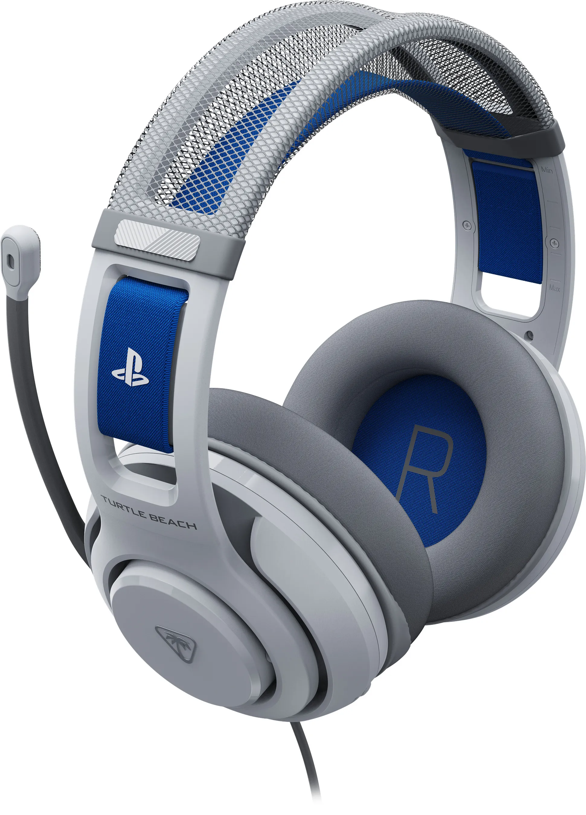 Casque de jeu Turtle Beach gris et bleu avec microphone. Comporte le logo PlayStation sur le bandeau.