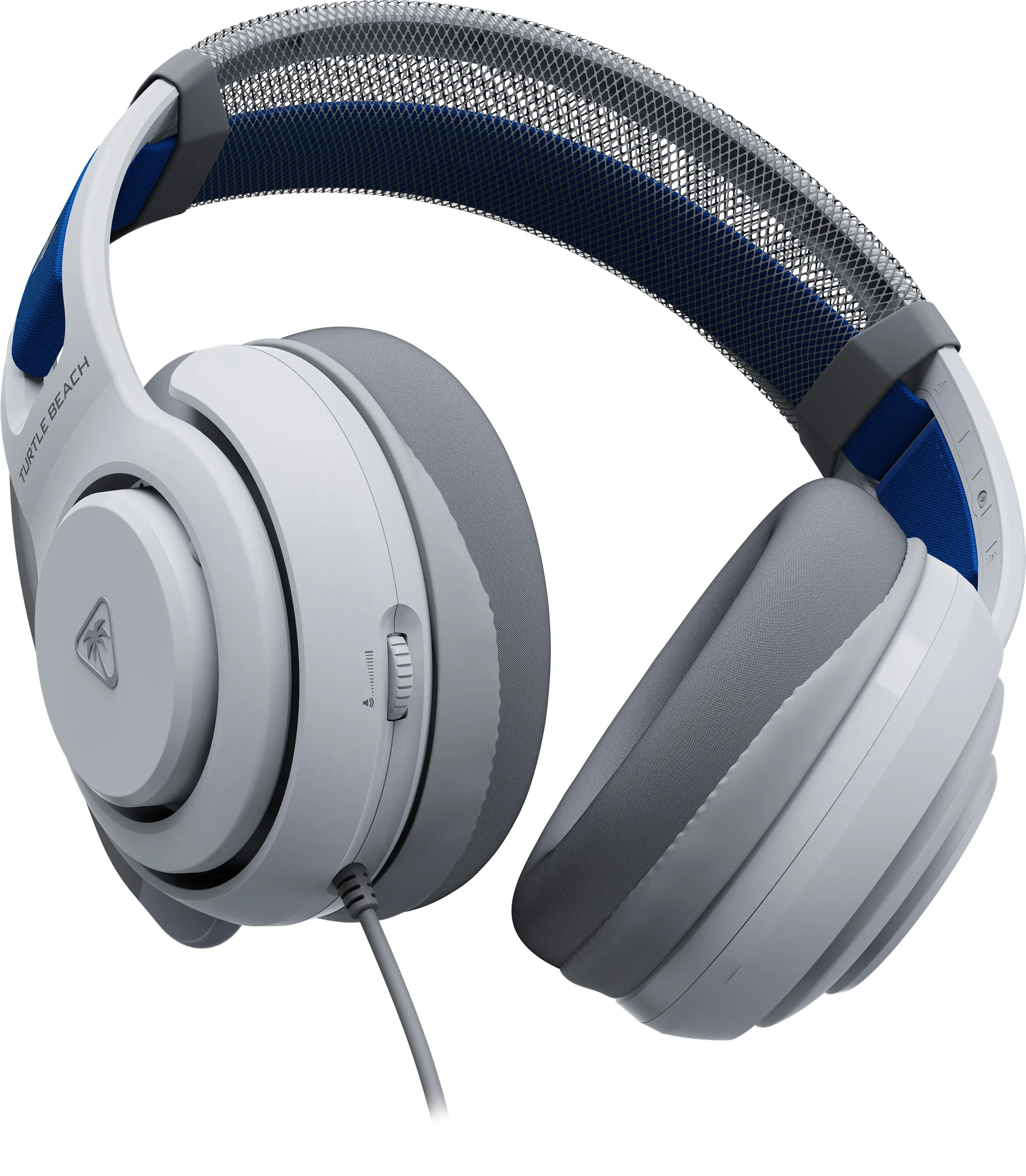 Casque blanc et gris avec accents bleus, bandeau en mesh et curseur de contrôle du volume.