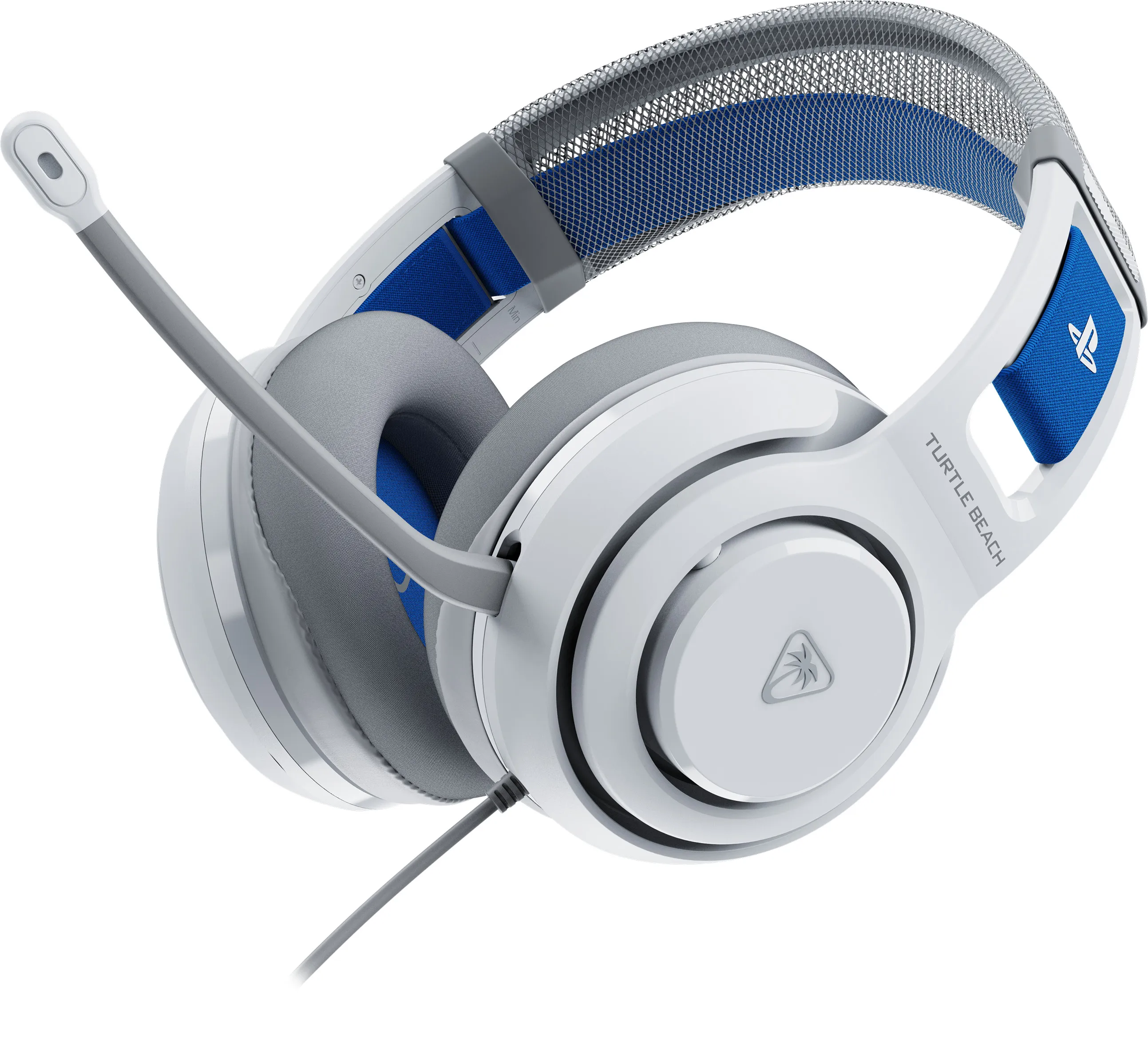 Casque de jeu Turtle Beach blanc et gris avec des touches de bleu. Comprend un micro et le logo Playstation.