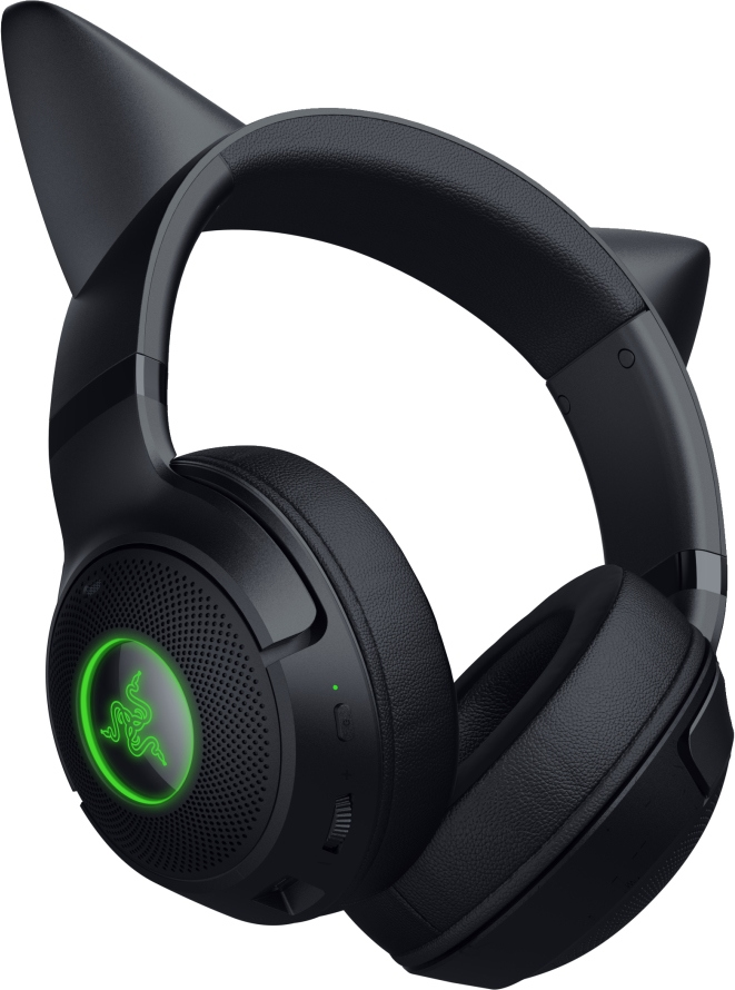 Cuffie da gioco Razer nere con orecchie da gatto. Ha un logo verde e un controllo del volume. I padiglioni sono imbottiti.