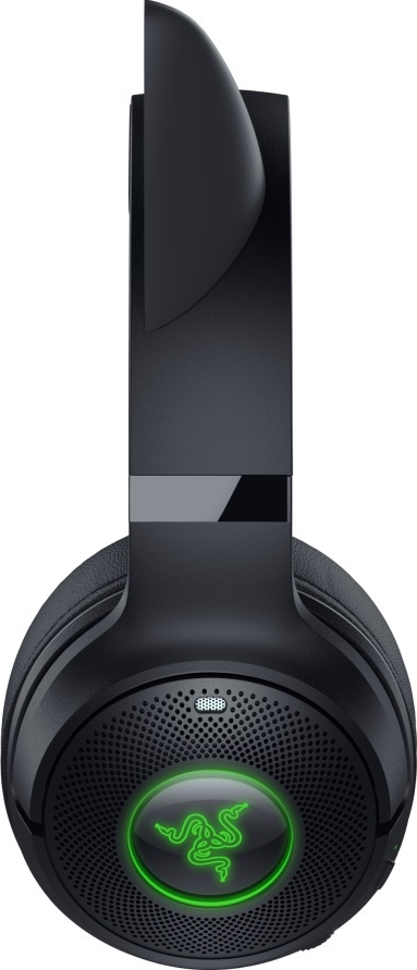 Cuffie Razer nere, vista laterale. Presenta un logo Razer verde brillante sulla coppa. I dettagli includono mesh e superfici lucide.