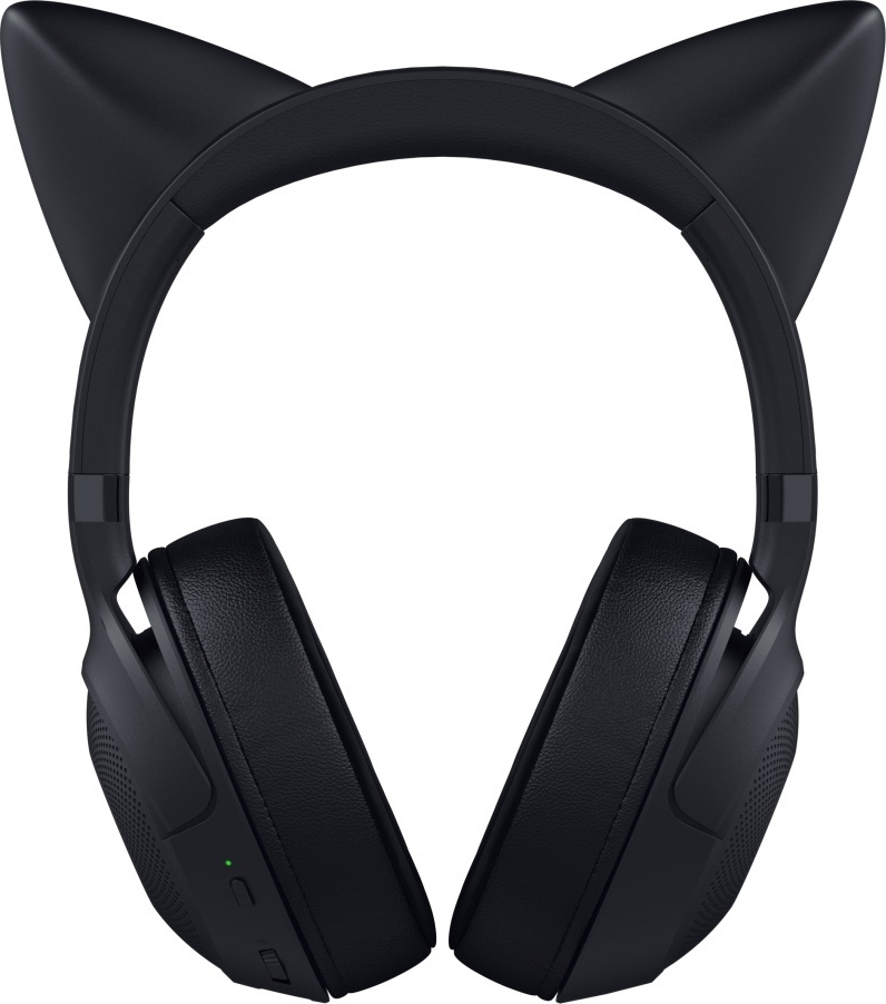 Cuffie nere con orecchie da gatto. Le cuffie hanno grandi padiglioni auricolari e una fascia. Le orecchie da gatto sono sulla parte superiore della fascia.