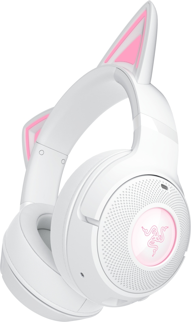 Cuffie bianche con orecchie da gatto e dettagli rosa. Logo Razer sui padiglioni. Sfondo bianco.