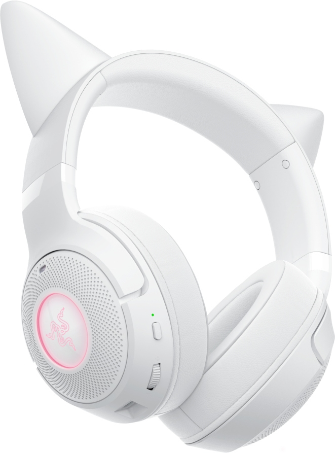 Cuffie bianche con orecchie da gatto e logo Razer, che mostrano i padiglioni auricolari, l'archetto e le orecchie da gatto. Il pulsante di accensione è visibile.