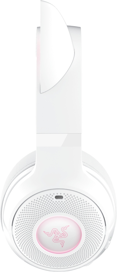Cuffie da gioco Razer bianche. Caratterizzate da un padiglione auricolare circolare con logo Razer rosa brillante.