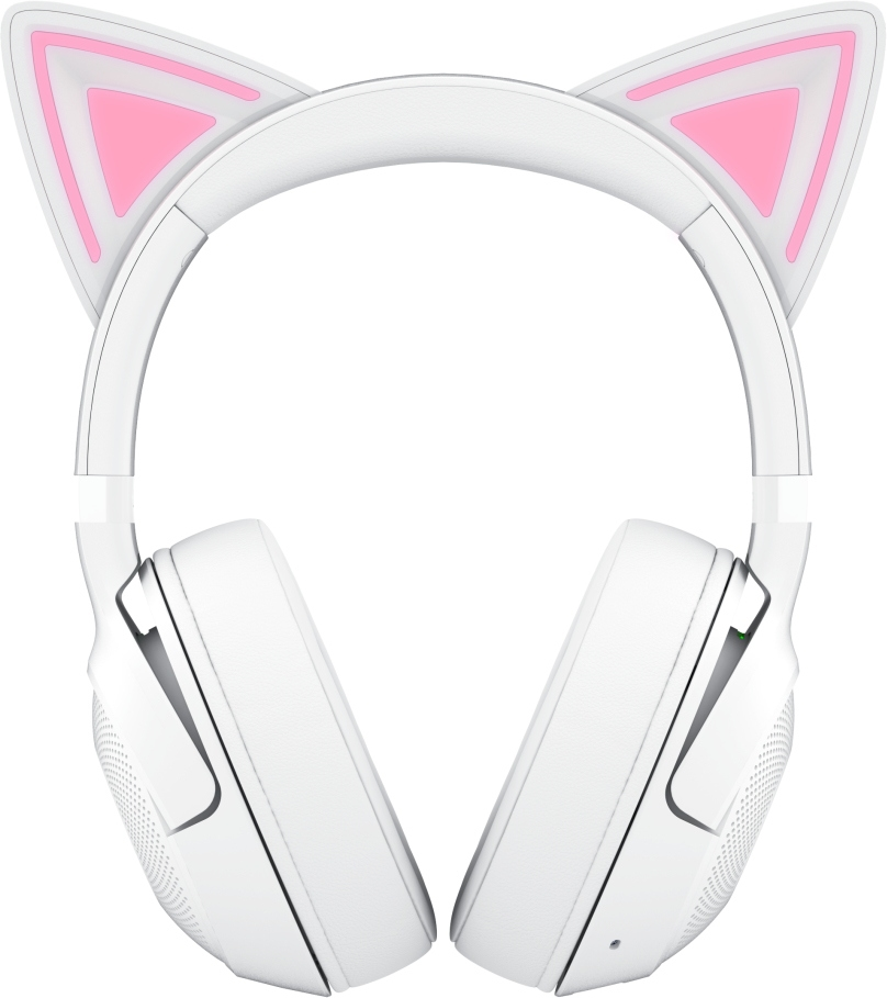 Cuffie bianche con orecchie da gatto. Accenti rosa all'interno delle orecchie. I padiglioni sono grandi e rotondi.