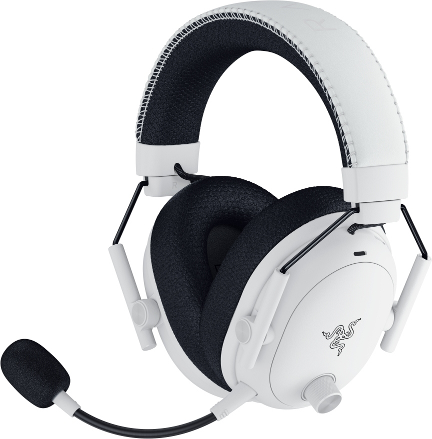 Weißes Razer Gaming-Headset mit schwarzen Akzenten. Mit Mikrofon, Ohrmuscheln und verstellbarem Kopfbügel. Das Razer-Logo ist sichtbar.