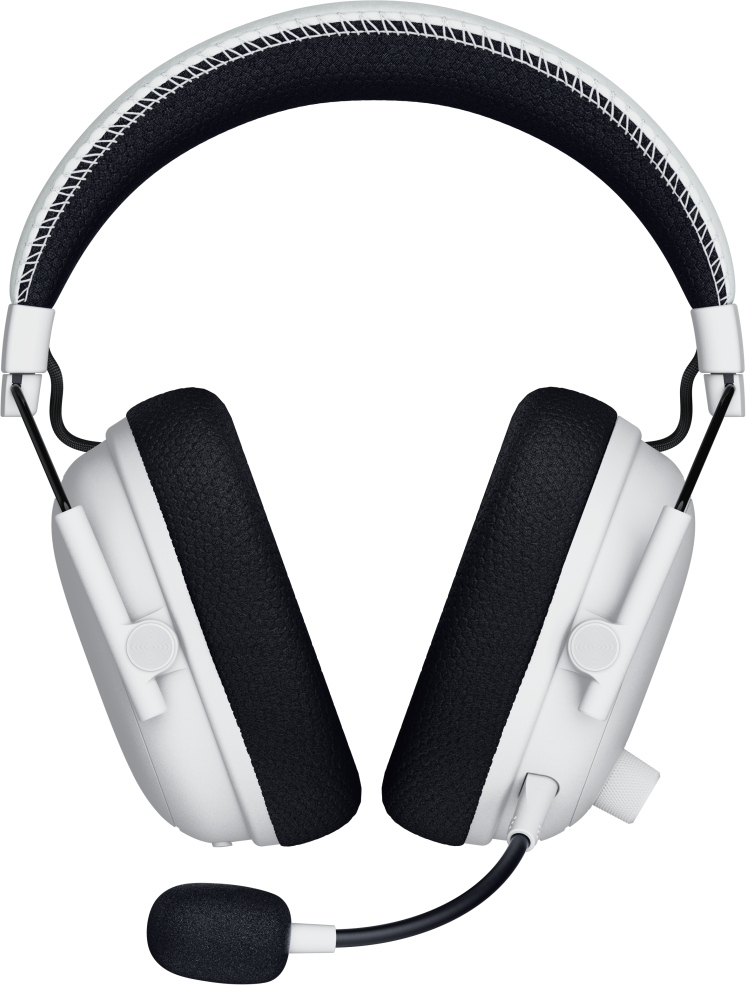 Weißes und schwarzes Gaming-Headset. Verfügt über schwarze Ohrmuscheln, ein Mikrofon und ein weißes Kopfband mit schwarzer Polsterung.