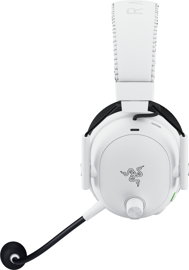 Weißes Razer-Gaming-Headset mit schwarzem Mikrofon. Das Headset hat ein Razer-Logo und einen Lautstärkeregler.