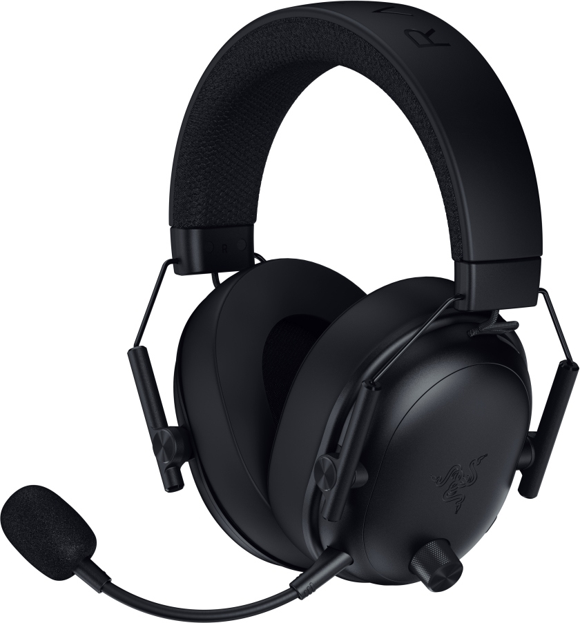 Cuffie da gioco Razer nere con microfono. Le cuffie hanno padiglioni, archetto e microfono collegato al padiglione sinistro.
