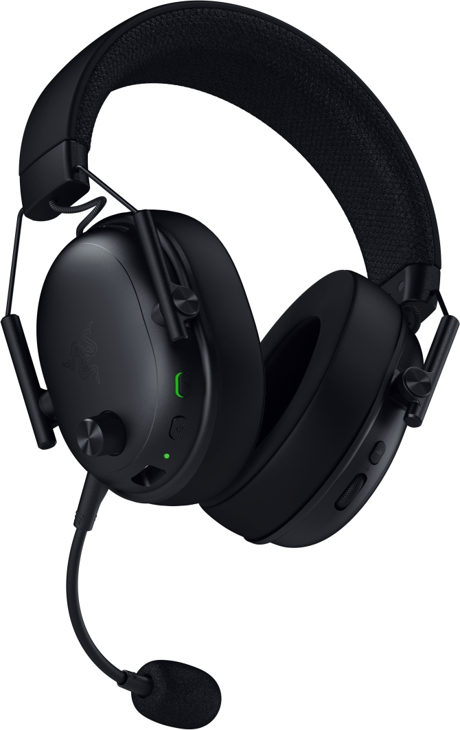 Cuffie da gioco Razer nere con microfono. Le cuffie hanno un archetto e padiglioni imbottiti. Si vede una luce verde.