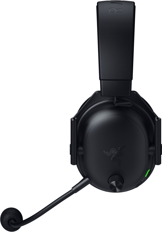 Cuffie da gioco Razer nere con microfono. Le cuffie hanno un logo Razer e un indicatore di alimentazione verde.