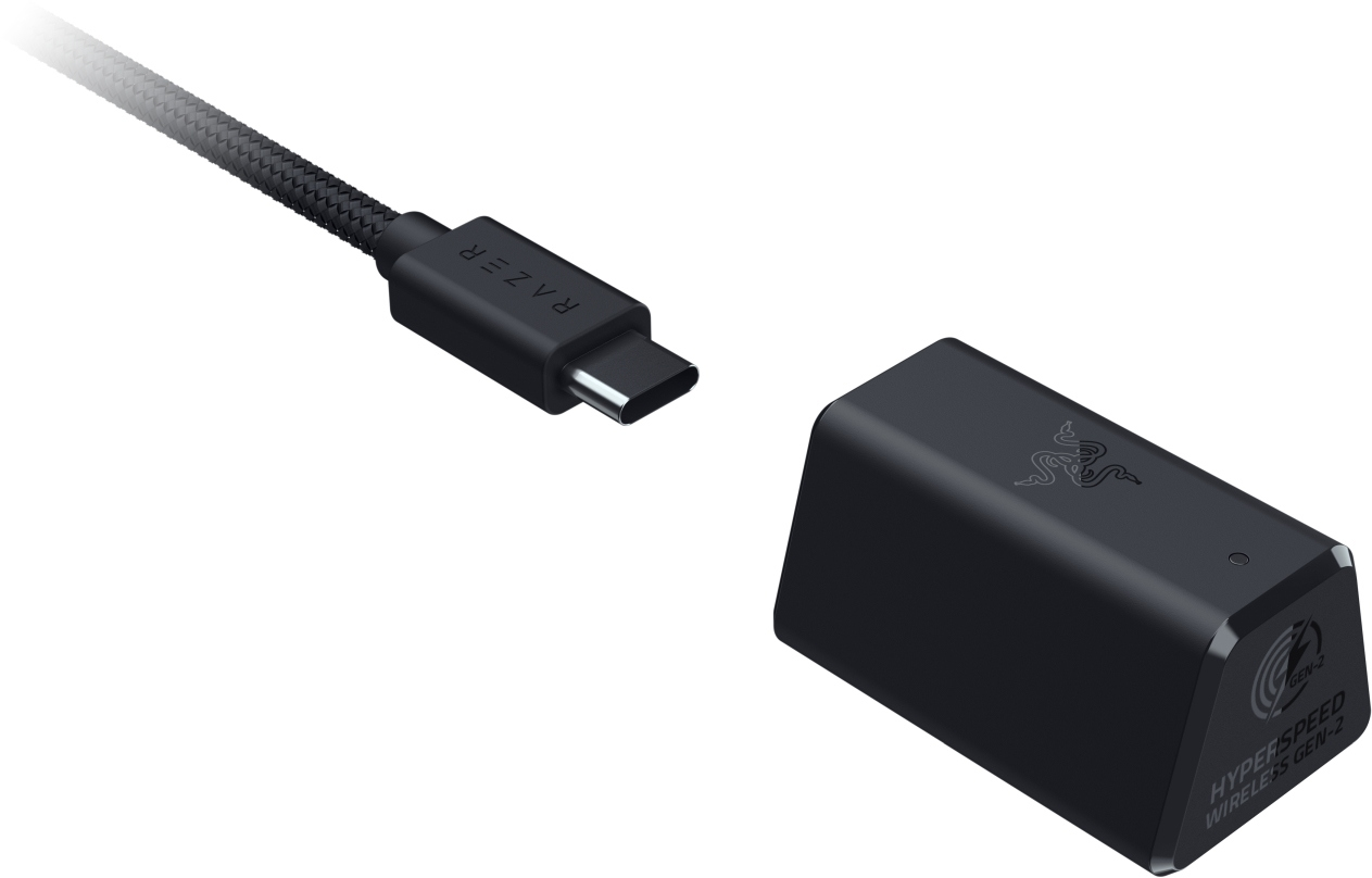 Ricevitore nero Razer HyperSpeed Wireless Gen-2 e cavo USB-C. Logo Razer su entrambi. Testo Gen-2 e HyperSpeed Wireless sul ricevitore.