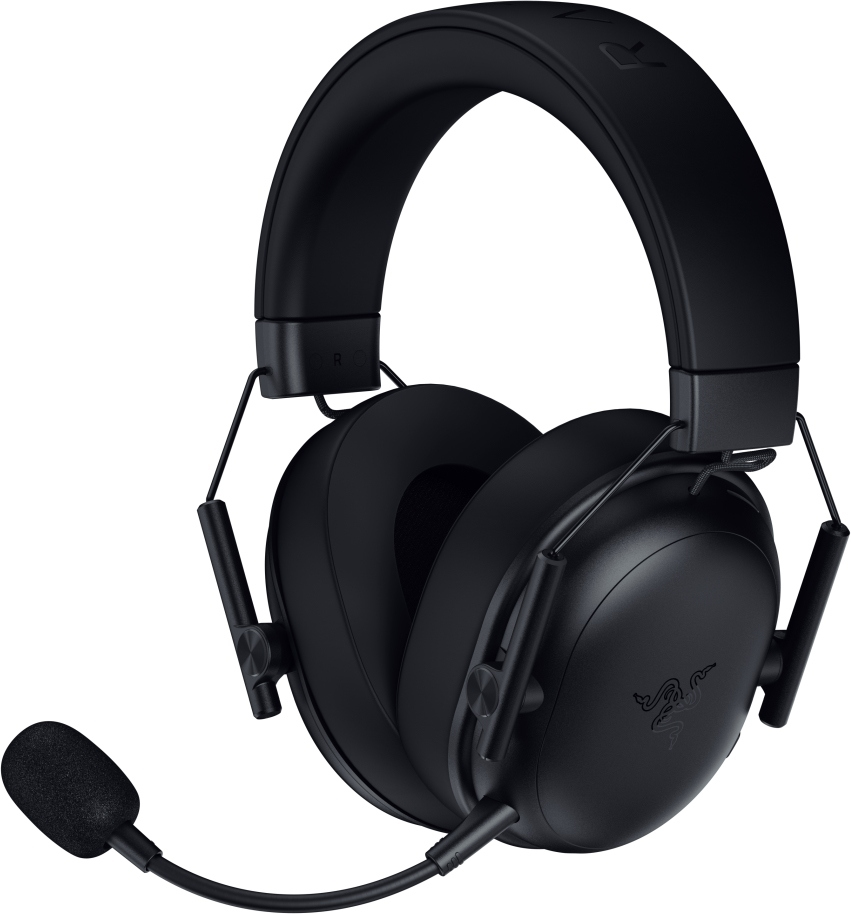 Cuffie da gioco nere con microfono. Le cuffie hanno padiglioni, archetto e microfono. Il logo Razer è sul padiglione.