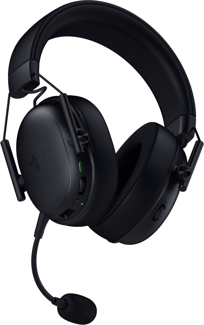 Cuffie da gioco Razer nere con microfono. Le cuffie sono over-ear, con fascia e padiglioni imbottiti. Il microfono è collegato al padiglione sinistro.